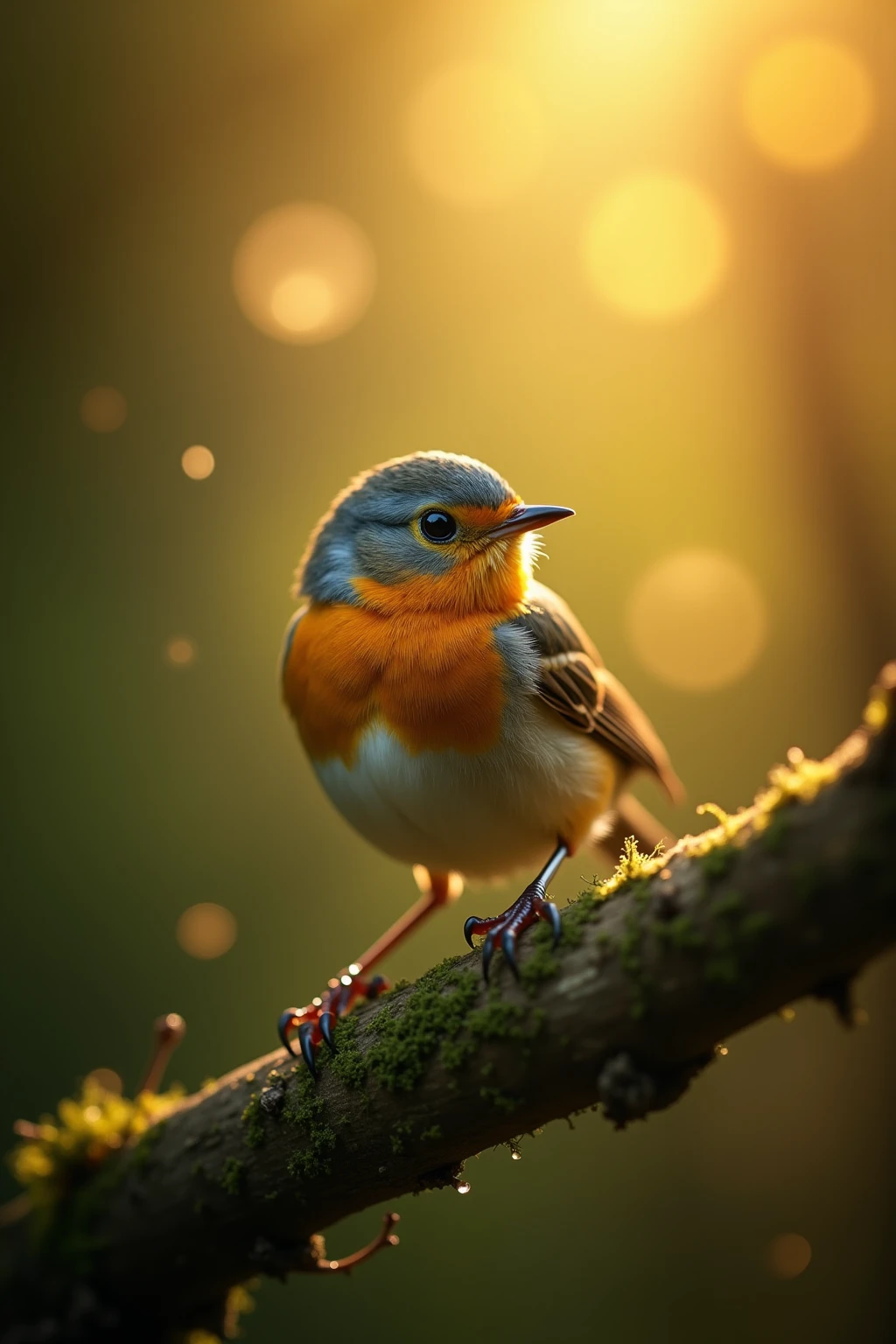 A charming close-up photo，shows a beautiful bird，illuminated by soft golden light on a quiet morning，with a bokeh ball gently framing its petite body