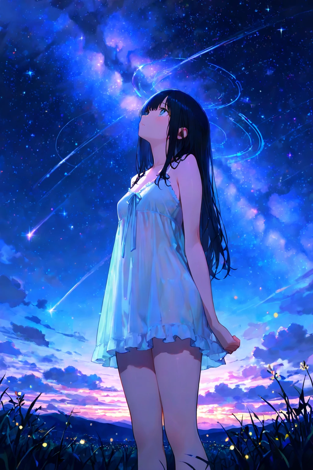 absurdres, highres, (official art, beautiful and aesthetic:1.2), close view, arm up from below
1girl, shining sky, vast world, gazing, awe-inspiring expression, distant horizon, clouds, high hill, natural beauty, inspiration, night sky, Shining Stars,
apstyle