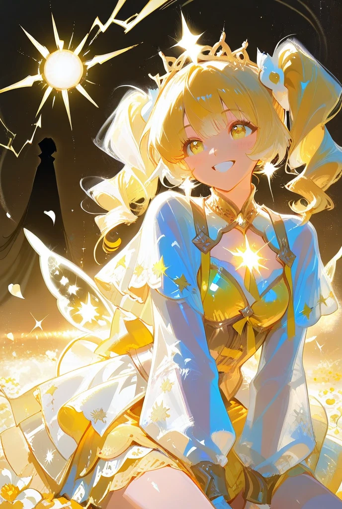 Wonderful high quality illustration) Hermosa chica con cabello largo y blanco, ojos dorados, Angel halo and dressed as schoolgirl boobs.