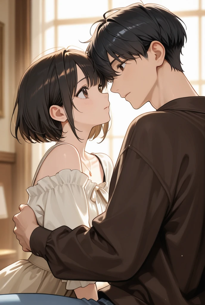 super detail, best quality, under the summer sun, a college couple, a man has short black hair, wears a white T-shirt  and blue jeans BREAKE a woman has a dark brown short bob haircut, wears a light blue blouse and white pants,  facing each other and laughing happily in front of the university.