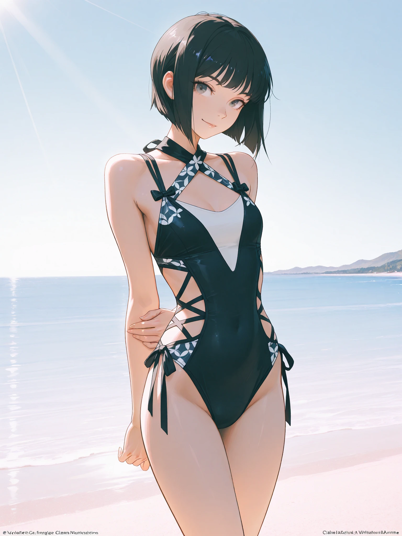 woman,Full body photo, ((on the beach. ))) Best image quality, high quality, The background is clear，きれいなwoman, Japanese, detailed, detailed eyes, detailed skin, Beautiful Skin, 超High resolution, (reality: 1.4),とても美しいwoman, A little younger face, Beautiful Skin, thin, (Ultra-photorealism), (High resolution), (8k), (非常にdetailed) (Beautiful and detailed eyes), (非常にdetailed), (detailed face), Displaying the viewer, Fine details, detailed face, Staring straight ahead, Staring straight ahead, Photo Real, Baby Face,Hairstyle: short hair,smile,(((Cheerleader、Butt)))(Flat chested,)(((flat chests,)))((smile,))((standing,))