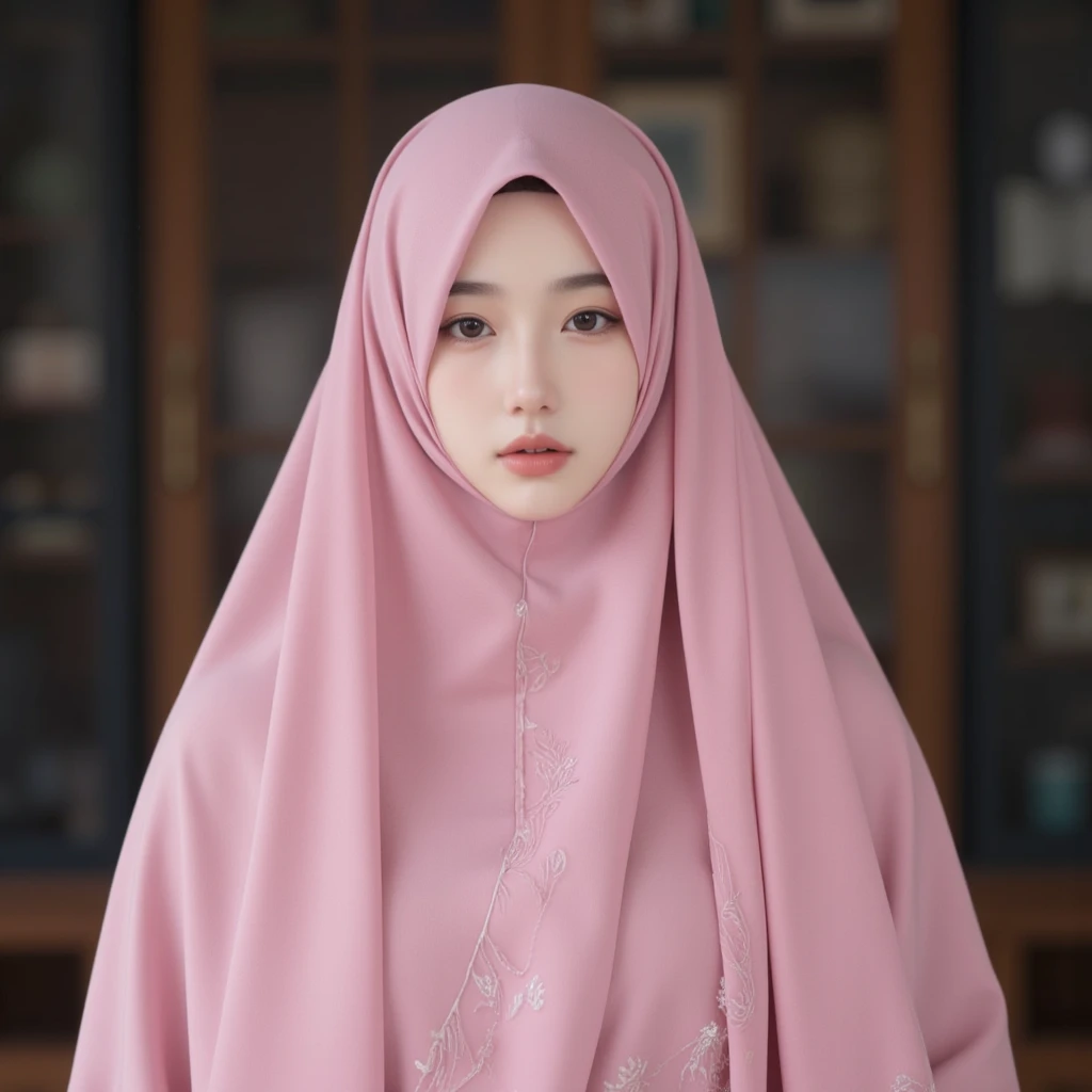 a beautiful young woman hijab, (((super big ))), (very big ) perfect face, (((very huge big ,))), ((( Big ))) long dress muslim, (((covering mouth, long veil))), thigh legs, , showing , Slim Face、20 years old, stil young, Pretty Lady, smile eyes, sleep in bedroom, stand up, (big covered) , see full image, (((x ray, wet chlotes, see trough chlotes)))