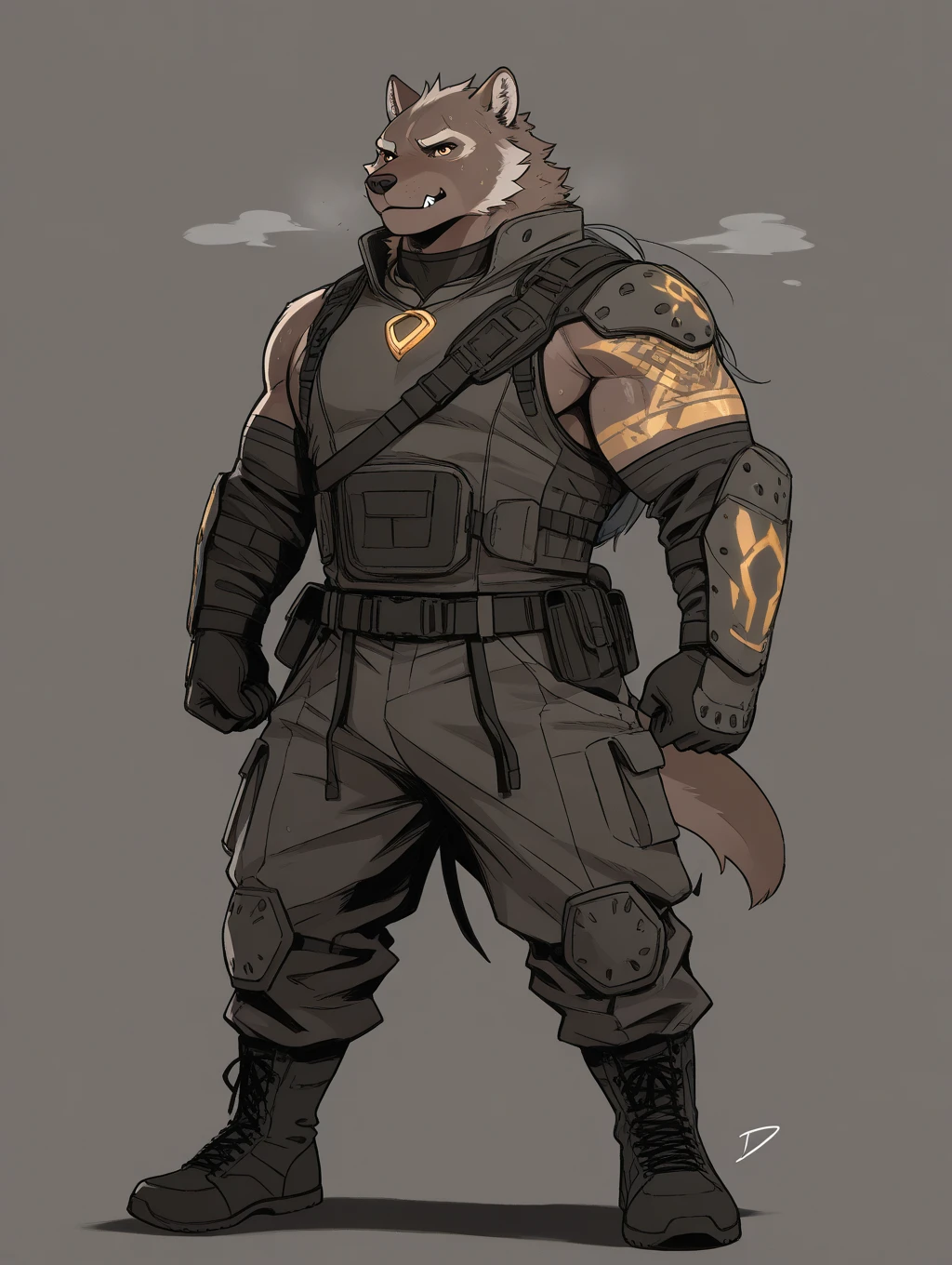 furry, anthro, black german shepherd:1.5, solo, average male, standing outside a prison:1.2, he is using a cap a bulletproof vest and his pants are military:1.4, super detailed, detailed face, best art, 8k, vibrant, by snowskau:0.4, by taran fiddler:1.8, by RedRusker:1.8, art stile, 3D, halfbody,