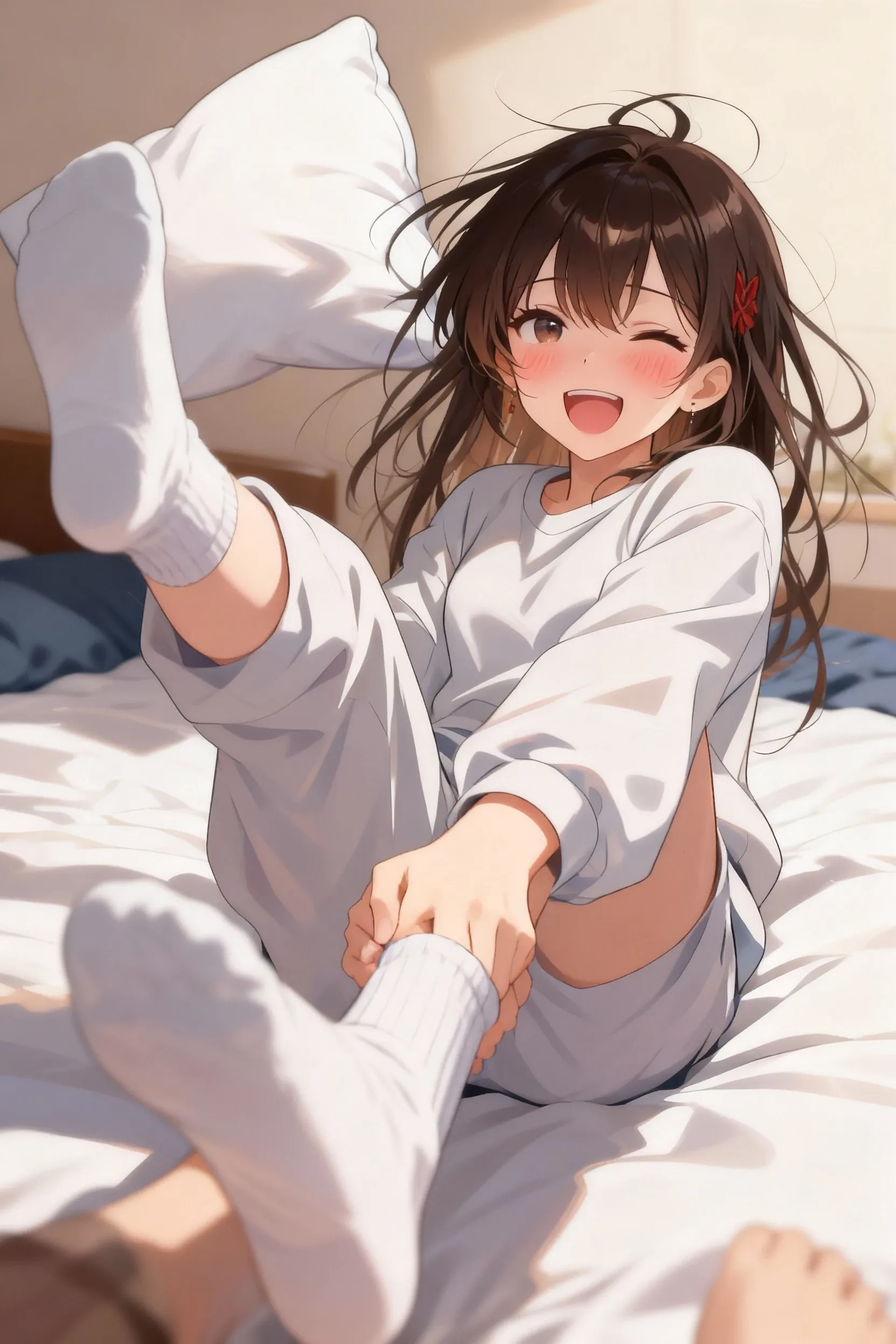 A girl using stirrups leggins barefoot puting her feet front the camera