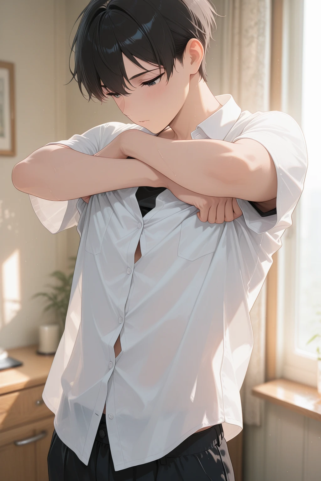Masterpiece, best quality, super detailed, illustration, beautiful detailed eyes, close up, 1 boy, short black hair, comma hair, black t-shirt, white pants, at home