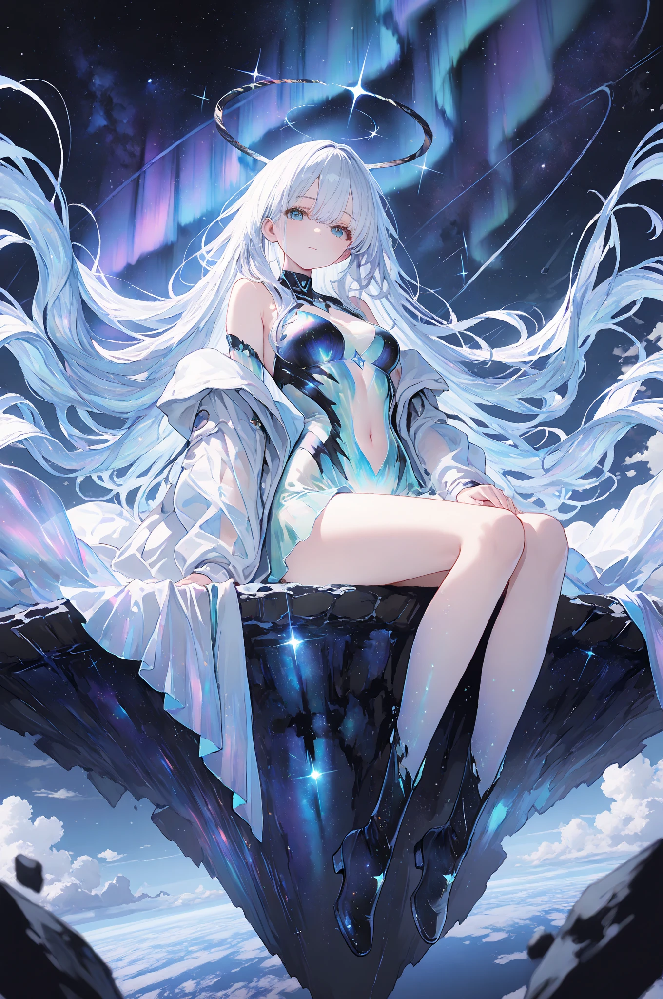 Lilac gradient hair,Asymmetrical hair,（（Very voluminous hair 1.8，Clear head outline 1.5））， Shoulder-length hair, Messy hair, Very long hair, Shiny hair，(Long hair:1.2),A beautiful girl，Gorgeous purple ，tall，slim，(看起来很sad，pale，sad，shut up：1.2） Against the backdrop of the bright dark starry sky，Side-lying，barefoot，float，water surface，dignified，Long Law，Long Law，fully，Normal legs，Whole body love