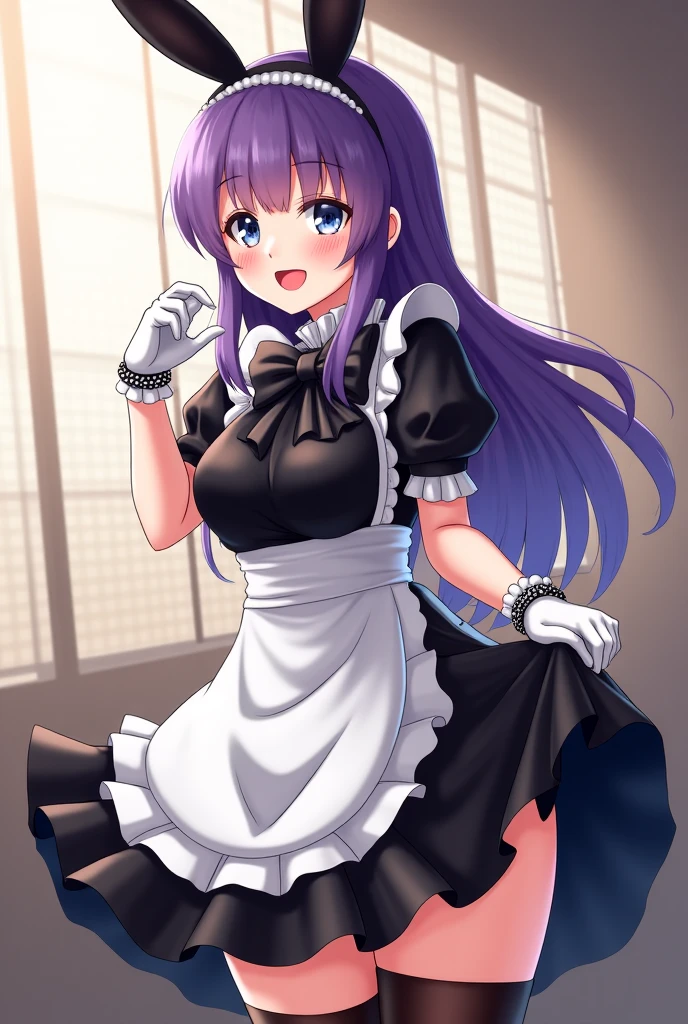 My little pony, (anthro), ((maid uniform)), ((two-tone hair with black on top and white underneath)), pale white body, gray eyes, medium breasts, purple lips, perfect lines, heart cutie mark, beautiful quality, more details, room, shy