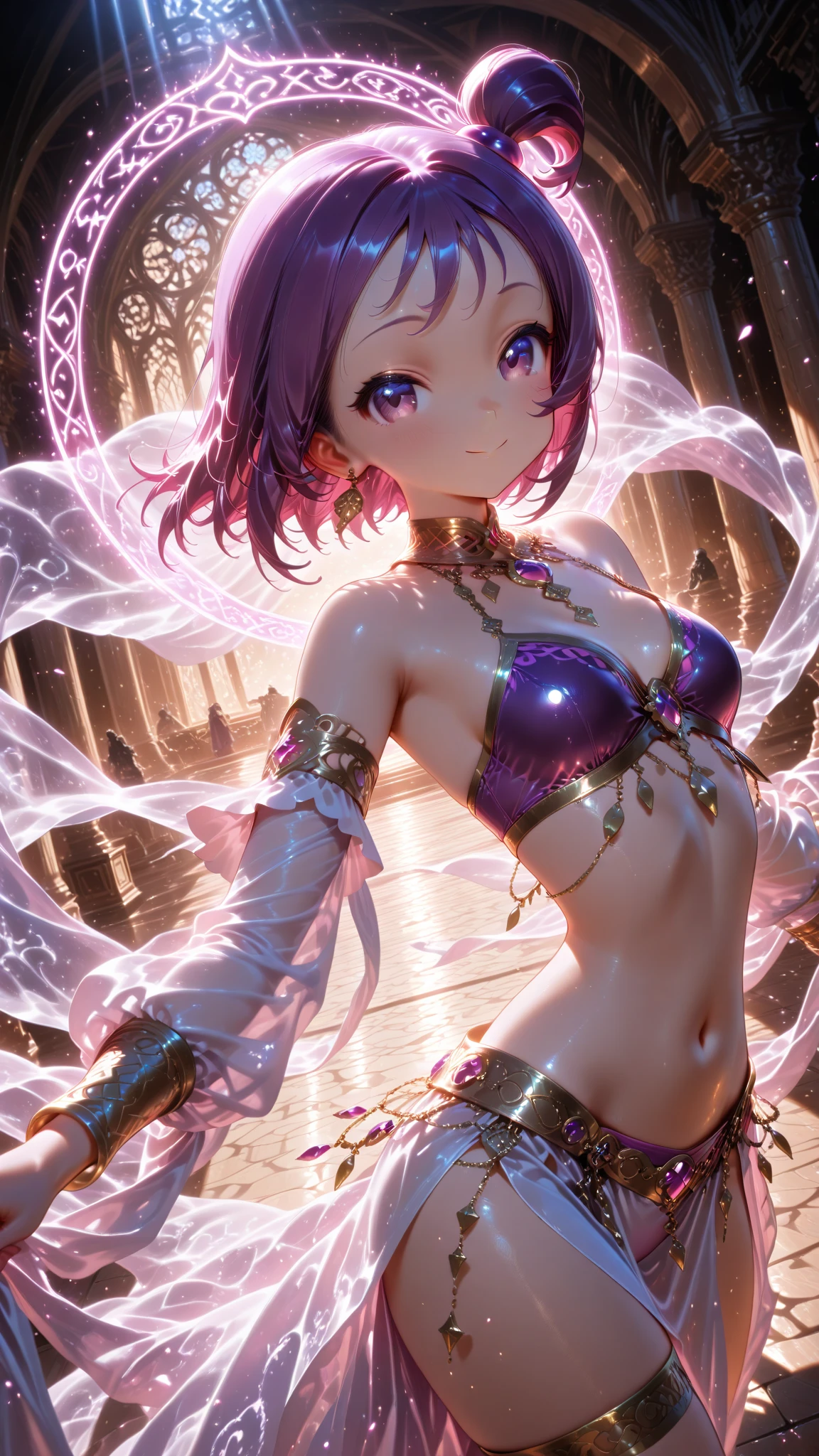 Kirito, Pink egyptian dancer's clothing, blushing smile, brown skin, long black hair, standing alone in the dance hall, ??????????? ?????? enlargement looking into camera illustration, ultra-detailed, HDR, vibrant colors, soft lighting high quality and super detailed