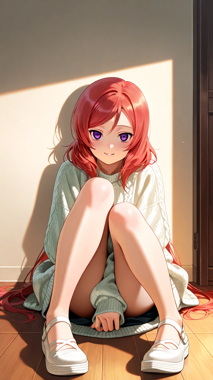 detailed， dense， masterpiece， A girl， Beautiful big breasts， Wearing a white cardigan， permanent，Standing by the bed，With blanket，  red hair， 16 years old， Light and smooth skin， Light skin， Shiny Hair， Clear eyes， Light's eyes，blue eyes， Light pink lips， （Audience looking down： 0. 8） Smile， Cheeks dyed red， Very shy， open mouth， By Bangs， White sleeves， White coat， A girl， soft skin，Large cleavage， Light skin， Light， Rich Light， room Lighting， Simple gold necklace， Diamond necklace， white lace ， White lace， white lace ， High Angle， Low Angle， （masterpiece： 1.0）， （Practical： 1.6）， （Soft Focus： 1.5），black，