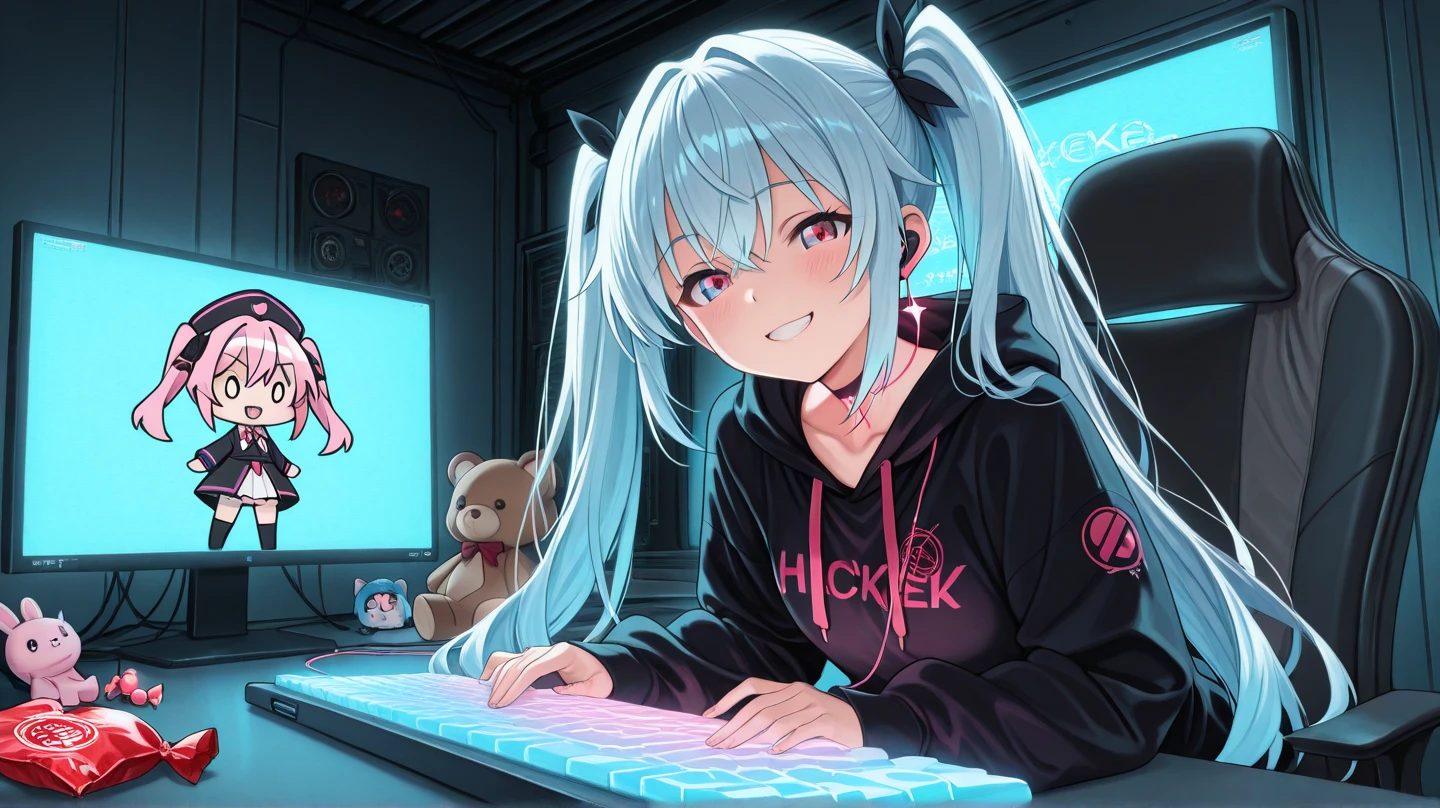 vtuber nekomimi  beautiful blue sweatshirt blue shorts beautiful girl blue eyes long white hair with glasses perfect   in room in front of pc gaming