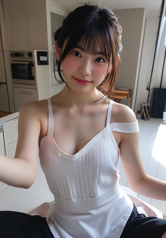 Shot from the front, massage room, 30 years old, brown hair, updo hair, white mini dress, fair skin, smile