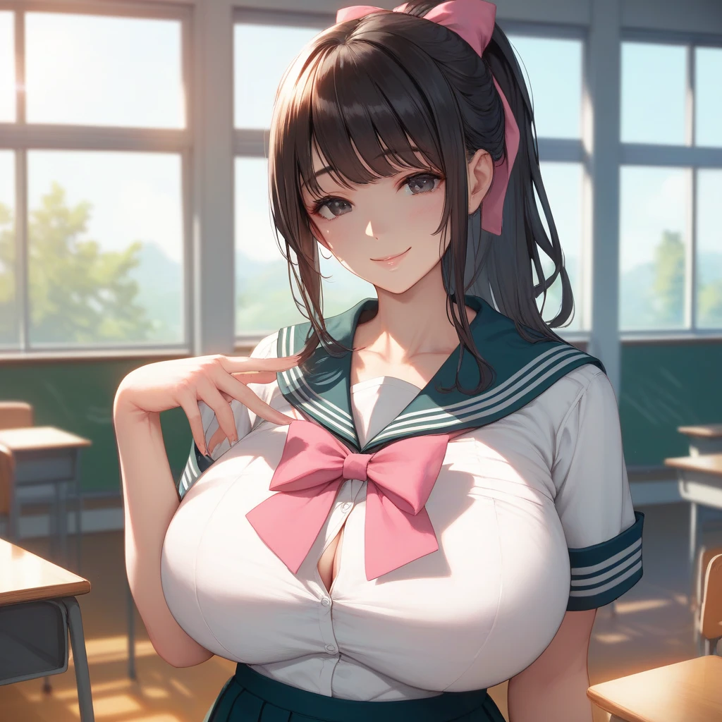 loose school uniform is sheer, button gap,(covered :0.95),breasts,red white gold uniform,(side-tie peek:1.5),(button gap:1.5), white skirt, white top, red ribbon, golden buttons, golden shoulder pats, young adult, 19 years, (embarrassed,blush:1.5),blonde hair,half updo hair, open mouth,brown eyes, beautiful brown eyes, big breast, striking body curves,  smile, pink lips, tiny girl, cute pose, masterpiece, classroom background, school