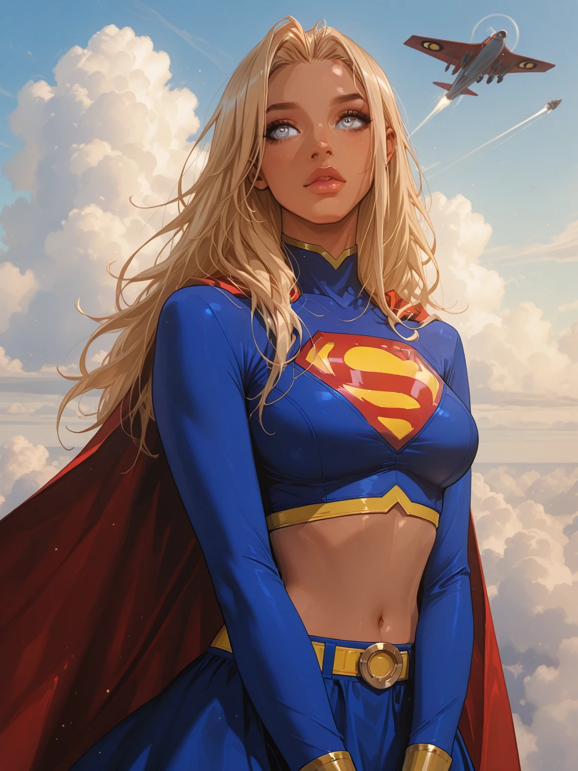 4k, Digital painting, Comic Babes,Supergirl,1 girl,long blonde hair,hair scrunchie,white top,dolphin shorts,white gloves,boots,floating on clouds,big breasts,half shirt showing lower half of breasts,Dynamic , sensual, slutty