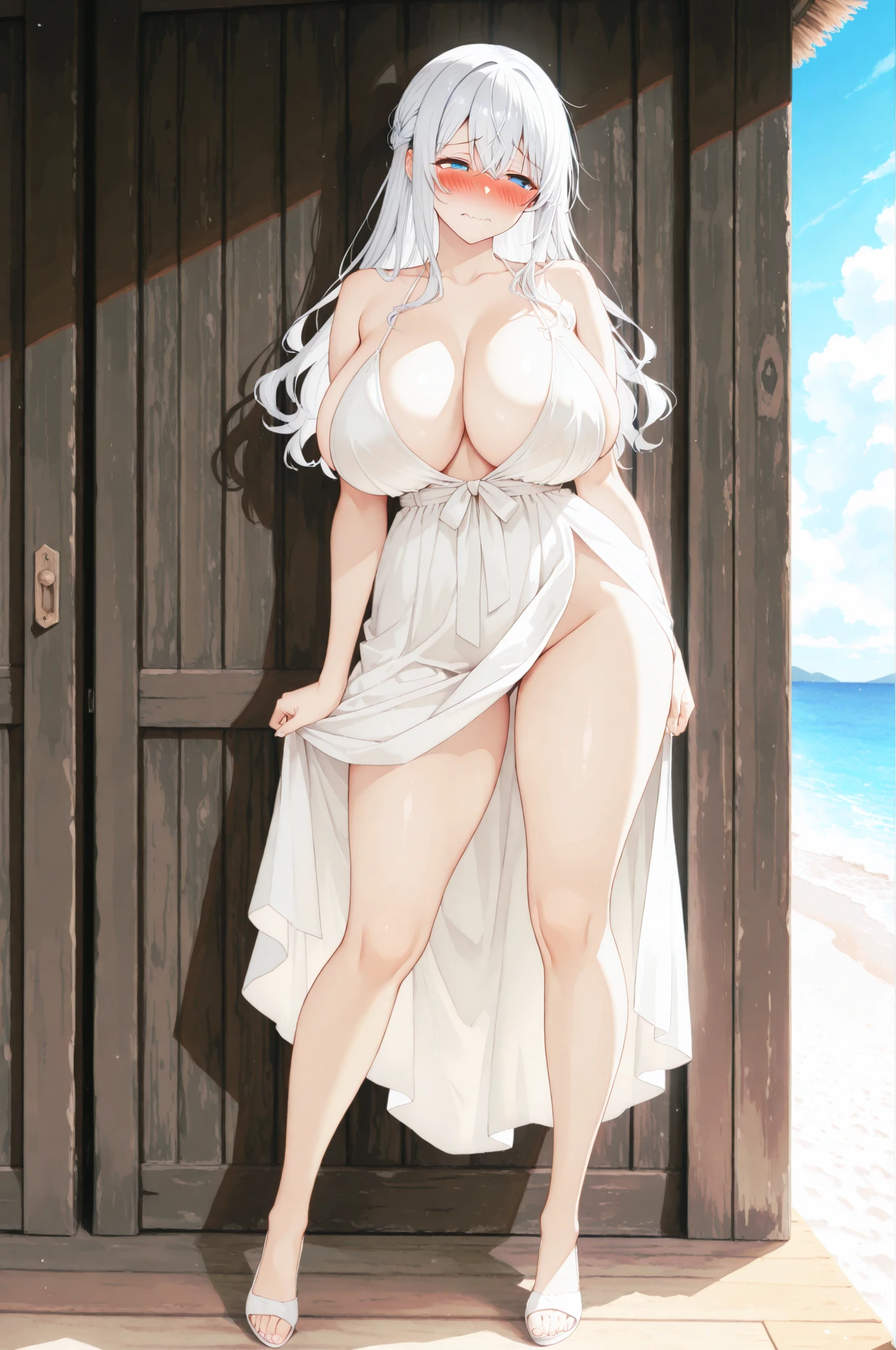 (????:1.5),((Smooth texture:0.75, Realistic texture:0.65, Realistic:1.1, Anime CG Style)), (highest quality,High resolution,Very detailed,Actual), Absurd, (highest quality), (masterpiece),(Very detailed:1.2), (High resolution), (masterpiece, highest quality), One Girl, cute, ???????????, Dynamic Background,Beautiful Face, Beautiful body, ((Re:Starting Life in Another World from Zero), (Emilia:1.3), Silver Hair, Long Straight Hair), Hair between the eyes, (?????),(????),(???????????:1.5), At the Beach, ((Ocean:1.5)), (sunset:1.5)), From the knee up