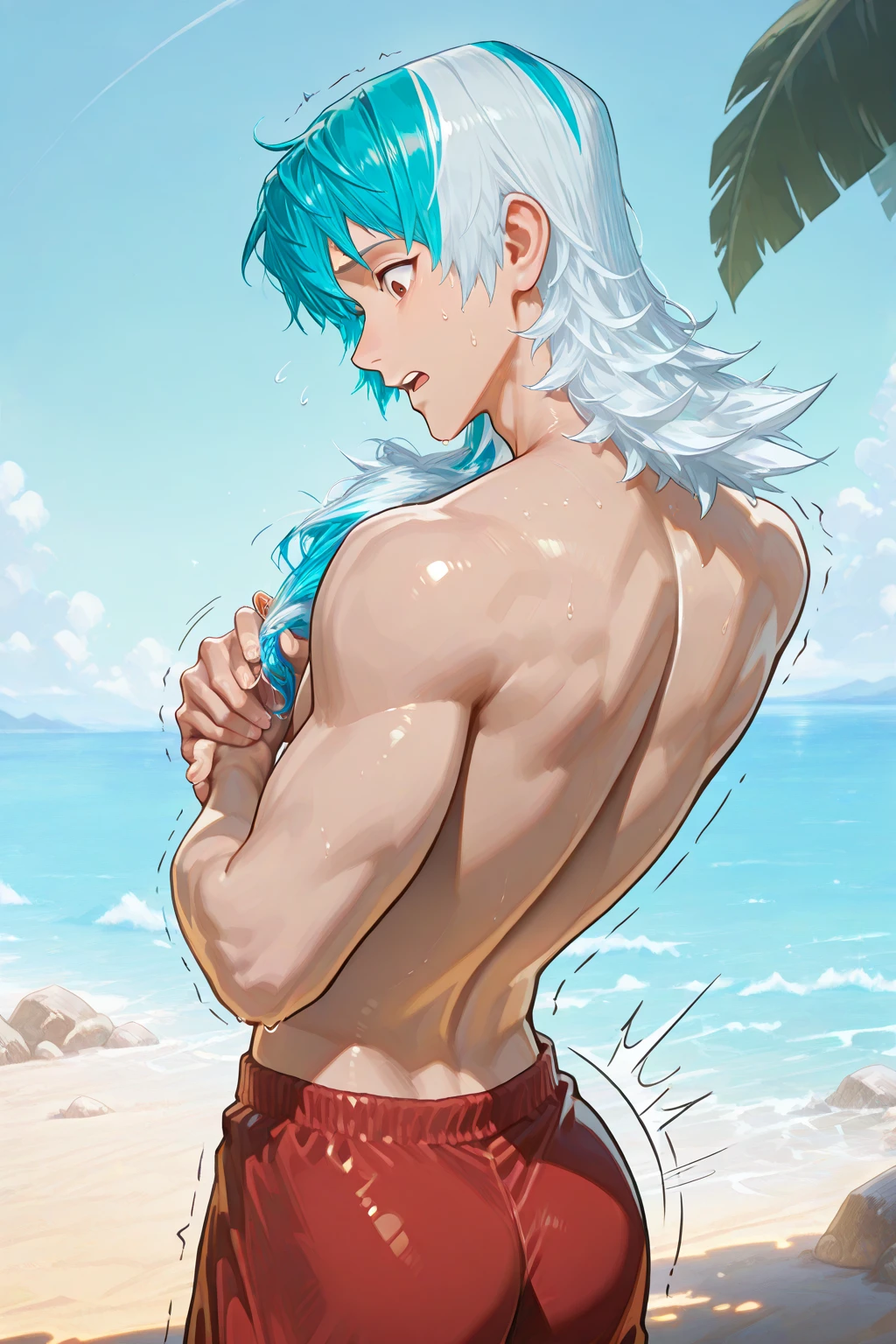cerulean sea, white sand, beautiful anime guy, huge seashells, jellyfish