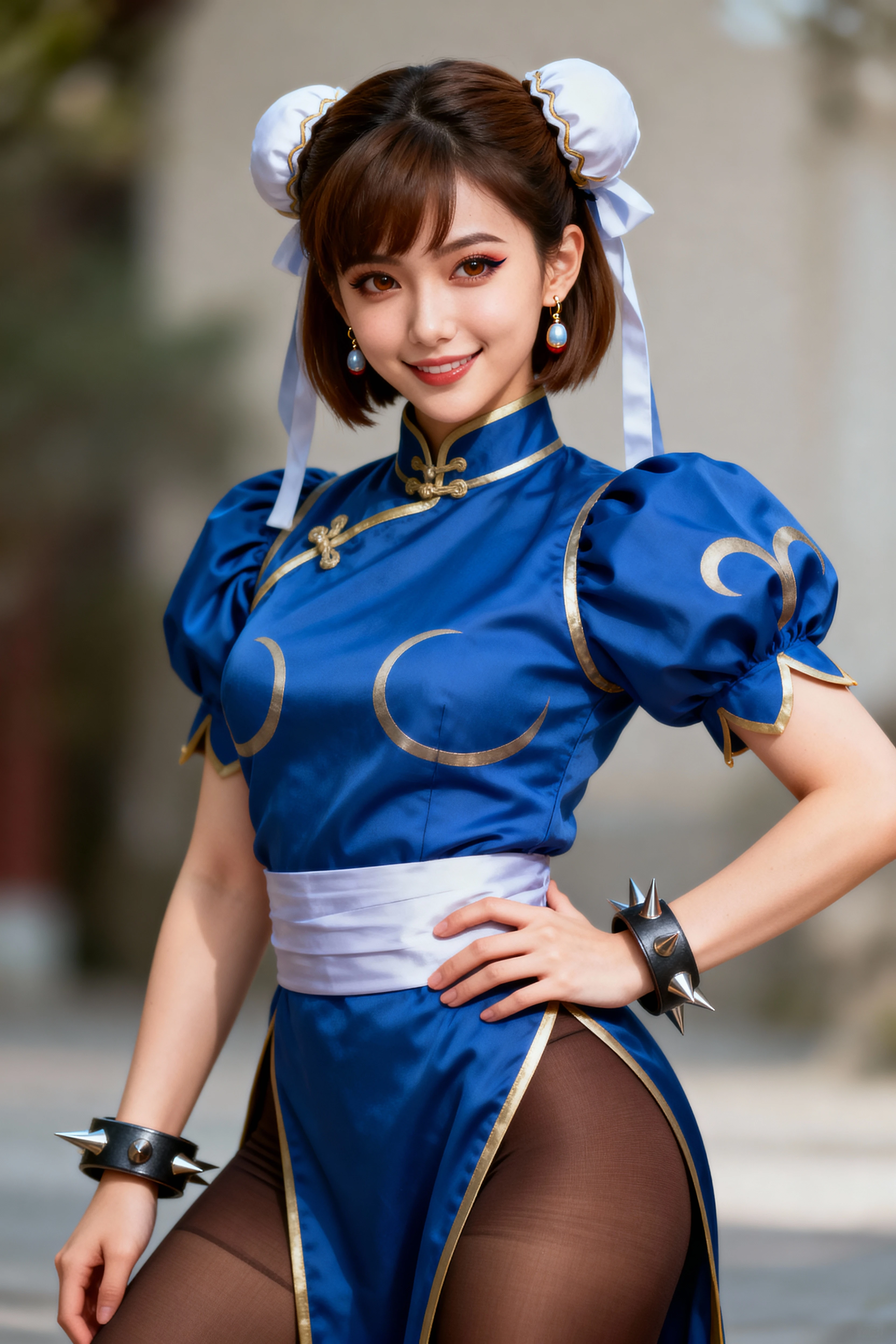 《Street Fight II》Chun-Li,Perfect Chun-Li Costume,Blue and gold cheongsam,Bun head,Good cover,Fighting Stance,High Kick,Kick、Lift your legs,masterpiece、1 beautiful girl、beautiful eyes、Puffy eyes、best quality, 超high resolution, (Reality: 1.4), Light、Super beautiful、Beautiful skin、Turn your body forward、(超Reality)、(high resolution)、(8K)、(Very detailed)、(beautiful eyes)、(Very detailed)、 (wall-)、Delicate face、明亮的Light线、Professional Lighting、Looking at the audience、Direct vision、Tilted stone sculpture, best quality, masterpiece, best quality, Perfect face, Perfect brown eyes and white sclera, Bad Move - 5, solitary, 1 girl, Upper Body, Brown hair, From SF2, Chinese service, Smile, muscular woman, Blue clothes, Pantyhose, Pelvic Curtain, Full short sleeves, Good cover, sash, appraise,Kick起来.