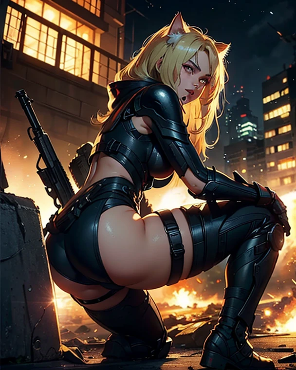 ((highest quality)), ((masterpiece)), (be familiar with), (High definition), 8K, perfect face、2 women、Two blonde women with cat ears、((Fighting a shootout:1.2))、tall、2 Blonde cat ears、2. Long Hair、2. Volumetric hair style、big breasts、constricted waist、big ass、glamorous、Glamorous、protector、Armor、combat suit、combat boots、armed、Equipped with large firearms、cinematic、best shadow、side lighting、NEO TOKYO、riot、explosion、tank、helicopter、(close up of face)