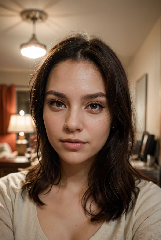 1 woman ((upper body selfie, sad)), masterpiece, best quality, ultra-detailed, solo, in the living room, (night), (warm hue, warm tone: 1.2), close-up, cinematic light, side lighting, ultra high resolution, best shadow, RAW, upper body, wearing pullover