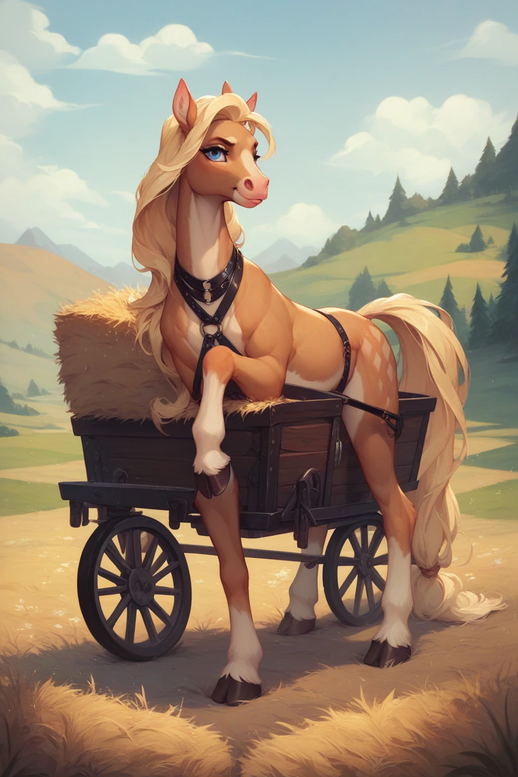 shocked slim feral horse with White fur with long Pink mane and Green eyes 
With a black saddle on her back there are some traces of magic floating around her she is in a stable