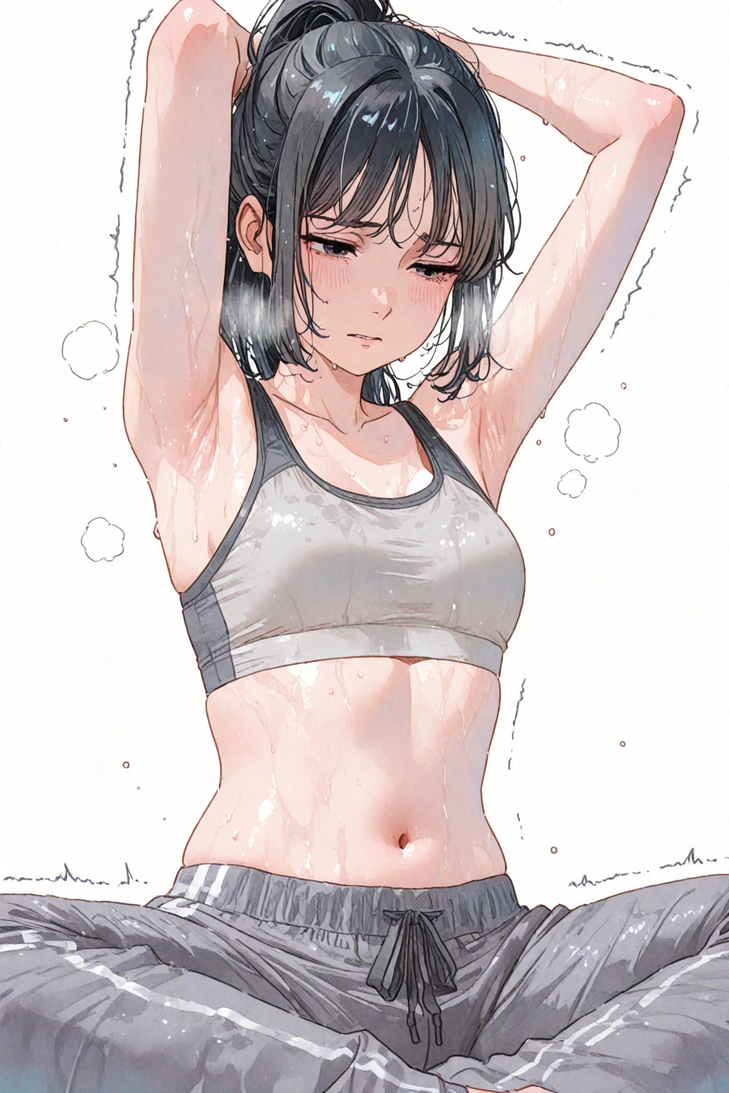 beautiful, masterpiece, Highest quality, anime, One girl, C Cup,Portrait Shot, View your viewers, Covered、Short Hair、nearby、Blue Eyes、art、White hair,Blue streaked hair、hairpin、Cute smile、Thighs、Cute、Sweat、uniform、Shorts、navel、gym、Separate outfit、、Armpit、Private room、Embarrassed