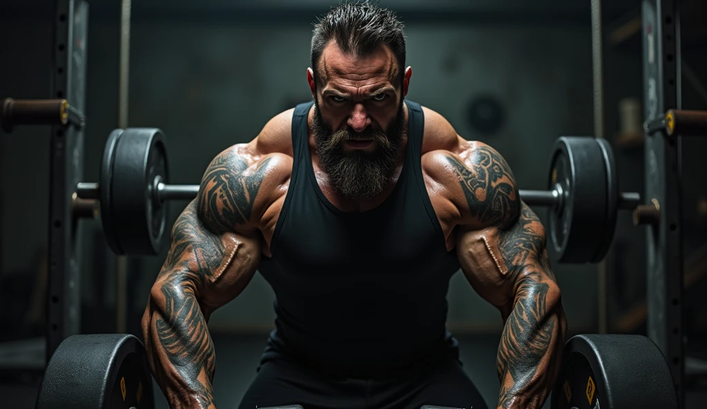 a very muscular man at the gym, beard, muscles, masterpiece, epic, best quality, 8k, wide shoulders, short hair, dark tones, gray and black tones, black shorts and sneakers, gym, muscle white tank top, angry face showing teeth, holding dumbbells in both hands, photo taken from side