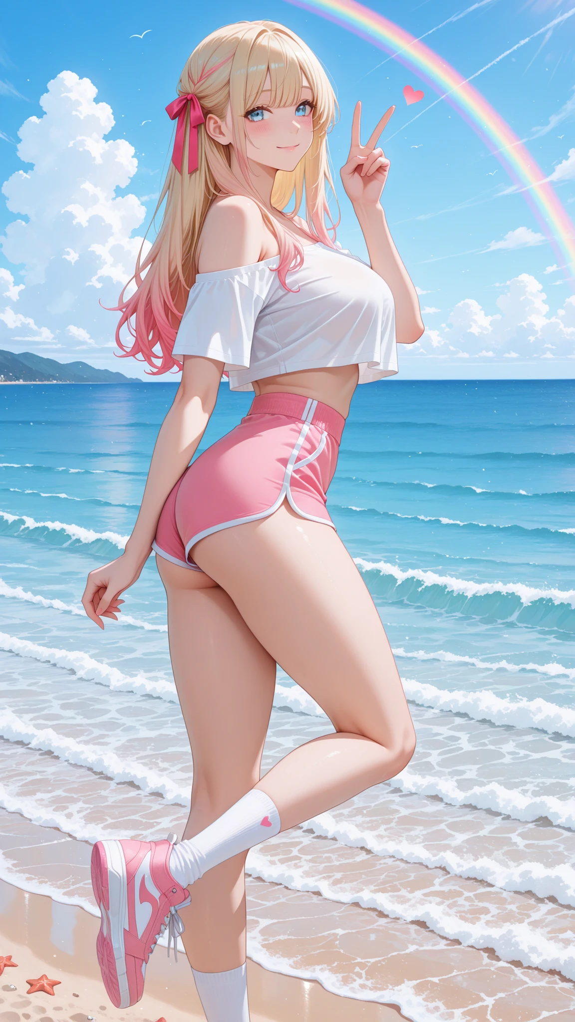 Angle from below、taken from the under、no-、Not wearing a 、Large T-shirt、plain white tshirt、have  while wearing a white t-shirt、Panoramic view of the back、The buttocks are visible、Not wearing pants、 of the lower body、Shiny buttocks、、Pink short cut hair、Sticking out the buttocks、Back Style、facing back、The buttocks are visible、(8K, top-quality, ​masterpiece:1.2), (realisitic, Photorealsitic:1.37)、cute little、独奏、Beautiful detailed sky、(A smile:1.15)、(Mouth closed)、tiny chest、（short-hair：1.2）、masuter piece、Pink Shortcut Bob、Realistic rabbit ears、Pink realistic rabbit ears、Realistic ears of rabbits sticking out of the head、Pink hair、Beautiful girl in her 20s、Bewitching atmosphere、Beautiful shaped hands、K-POP、Pink rabbit ears、1 girl in、独奏、​masterpiece、top-quality、realisitic、Hyper-detailing、absurderes、short pink hair、Slender beauties、动态照明、hight resolution、foco nítido、depth of fields、(thick thight:1.0)、A slender :1.2，((Short-cut bob hair))、((k pop:1.3))，Highly detailed  and skin texture、((魅惑的))，Anatomically correct number of fingers，Correct 