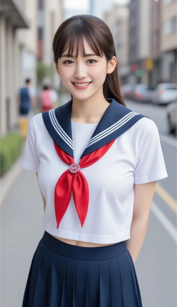 (Highest quality、8K、32k、masterpiece)、(Realistic)、(Realistic:1.2)、(High resolution)、Very detailed、Very beautiful face and eyes、1 Girl、Round and small face、Tight waist、Delicate body、(close、Highest quality、Attention to detail、Rich skin detail)、(Highest quality、8K、Oil paint:1.2)、Very detailed、(Realistic、Realistic:1.37)、Bright colors、(((blonde)))、(((Bust Shot)))、(((Medium Hair)))、(((White wall background)))、(((White wall background)))、(((Sailor suit、Short sleeve)))、(((He has a happy look)))、(((smile)))、(((Look straight ahead)))、(((Blonde)))、(((Teeth are visible)))、