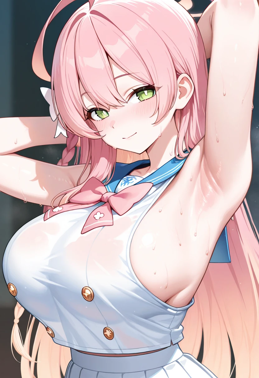 (((top-quality))),((​(masterpiece))),(((detaileds))),(),(((high resolution))),(((Beautiful and Aesthetic Work: 1.5))),(Ultra High Resolution), (Ultra Detail),(((Detailed background))),megami magazine,fine art,Sharp focus,Delicate and beautiful hair and eyes and face,realisticlying,,saliva,saliva trail,beautiful face,expression of ,pink hair,red eyes,bewitching smile,lie down,Angle from below, lift, lift, the  opening, overflows from the  hole,Clothes are wet and skin is visible,,show off breasts,Radial spurts of ,Protruding ,Steamed  hole