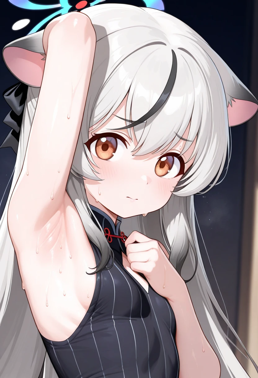 fate/kaleid liner prisma illya, aaillya, long hair, blonde hair, animal ears, hair ribbon, red ribbon, jingle bell, red eyes, cat tail, fur trim, bare shoulders, black leotard, center opening, elbow gloves, black gloves, animal hands, black thighhighs, standing, cowboy shot, smile, indoors, large , aged up,
, ultra-detailed, masterpiece, newest, best quality