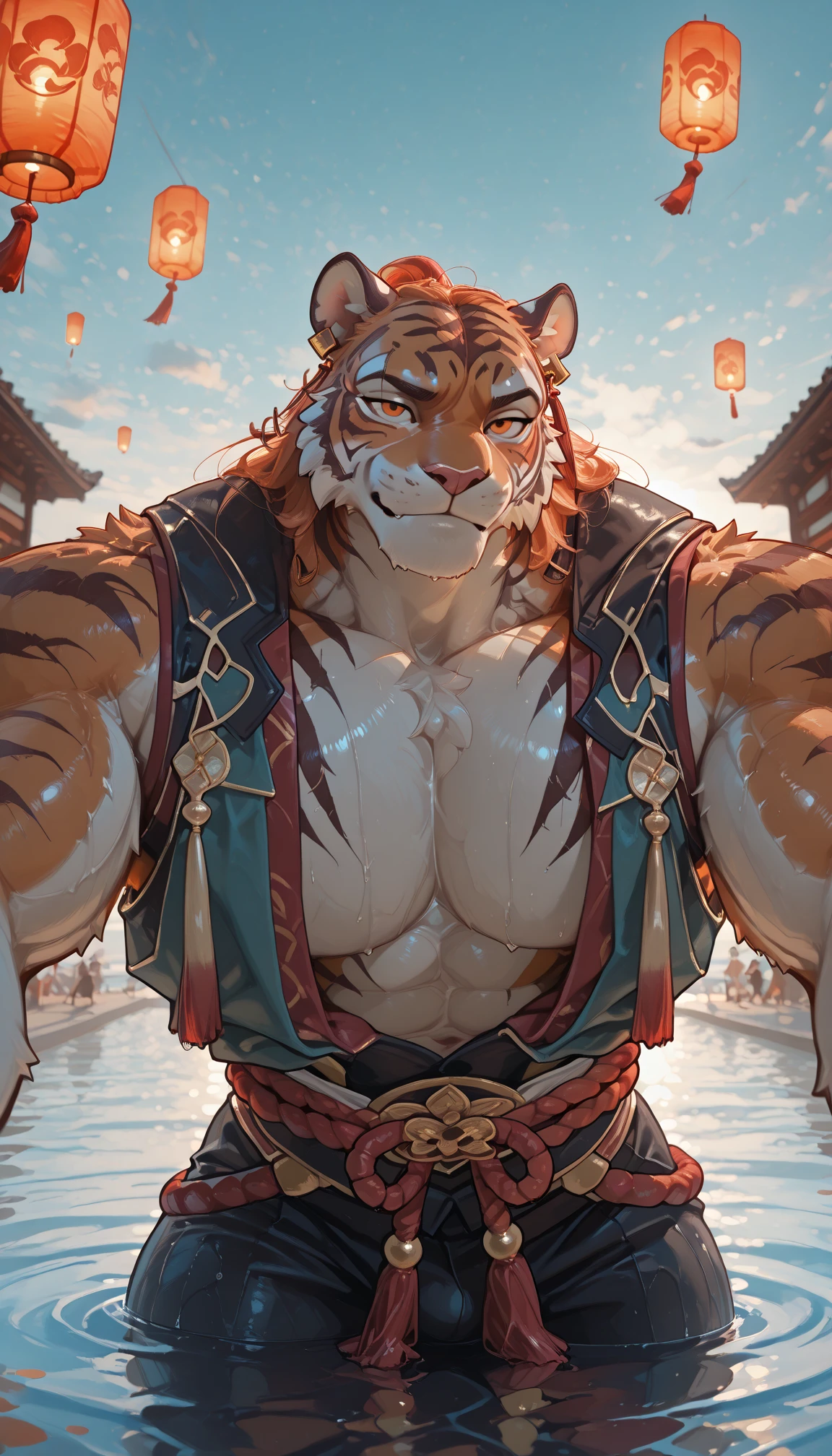 Sagittarius Tiger, ???????, Muscular and hairy, majestic （Golden Eyes）The majestic and serious face, Carefully hung Buddhist beads, Huge muscles, ripped abs, Tiger in the Heavenly Palace