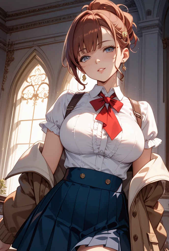 (masterpiece:1.2, highest quality), (realistic, photorealistic:1.4), beautiful illustrations, , looking at the viewer, cowboy shot, Front view:0.6, 1 girl, Japanese, high school girl, light brown hair, (long hair:1.8), (side ponytail:1.7), bangs, hair between eyes, blue eyes, big breasts:0.8, (thick thighs), beautiful hair, beautiful face, beautiful and fine eyes, beautiful clavicle, beautiful body, beautiful breasts, beautiful thighs, beautiful feet, beautiful fingers, (beautiful scenery), dawn, Cafe Shop, ((Red Blazer, pleated , white socks, Red Private School Uniform:1.2, Light blowing cardigan, red plaid pleated skirt, Red plaid bow tie, Red plaid hair ribbon)), pink , (undulating), (( posture: 1.2, charm: 1.2)), (idle state), (, sexy, upper eye, smile), shiny skin, perfect face, Cute symmetrical face, natural side lighting, movie lighting), Sitting chair, hands between tables,