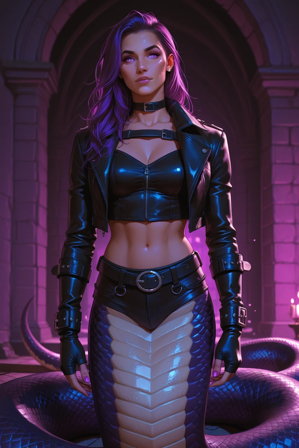 In a cyberpunk world bathed in dynamic lighting, a woman named Lila is captured in an ultra-wide angle camera angle, showcasing her entire in a futuristic scene. With an ultra-detailed Octane rendering, her skin glows with a computed glow, embodying the essence of the neo-noir cityscape. A large pair of safes adorn her wide , contrasting with her figure and #great .
Lila wears a tight leather corset, adorned with Gothic-inspired intricate designs, and her eyes, large and realistic blue, are framed with dark kohl and Gothic
