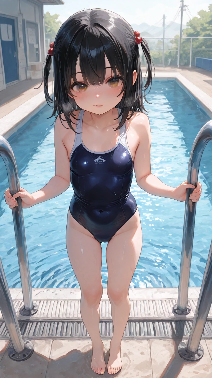 ?????????:1.4、Sweat、(((long gloves:1.3)))、brown loafers、black calf length socks、Open your thighs wide to the left and right､squat on the ground、show off your ?????? to the viewer, ((latex old school swimwear:1.3、sit, spread your legs:1.3, arm behind head ))、12 years old、absurd、bob hayne hair、flat lighting、elevation angle、???? pose、highest quality、Complex、surreal、perspective, very detailed, detailed background, shape、1 girl、alone、small ???????、light smile, embarrassing, blush, (((Pool side))), (Sweat), 
