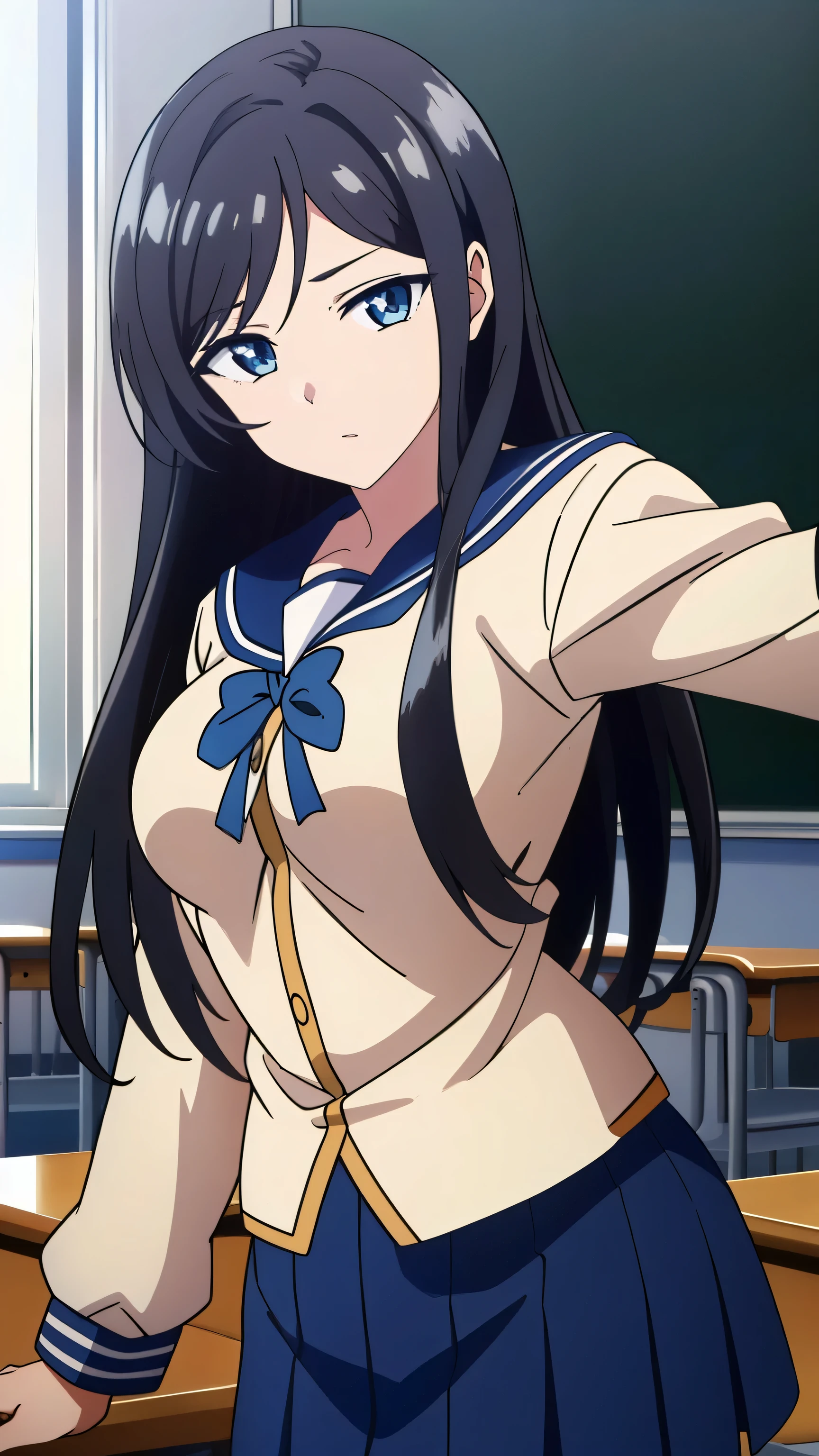 (((masterpiece, Highest quality:1.5,absurdres))),30 year old beauty,(dark blue hair),((very small head:1.2)),long hair,bangs,dark blue eyes,gorgeous eyes,blush、,,(((very long body:1.3)),((toned body,slender body))),skinny,((tan skin:1.4)),gleaming skin,shiny skin,sweat,((Navy blue camisole、、navel、Navy blue pleated 、Navy blue sneakers),kneeling,:1.3,library、Tokyo、