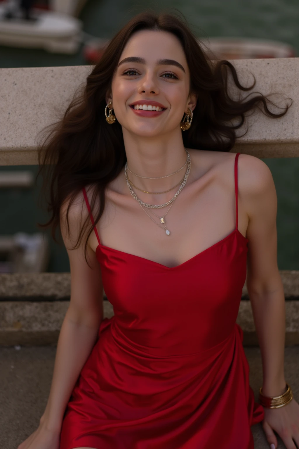 RAW photo, photo of 35 year old woman, (long brunette hair),  ((tall and slender)), ((tight red dress)), (v-neck), standing outdoors, thick thighs, freckles, blemishes, lipstick, ((short height, broad shoulders, flat chest, bbrown skin, freckles, blemishes, low rise, carter paige, smiling, happy, goosebumps, textured skin