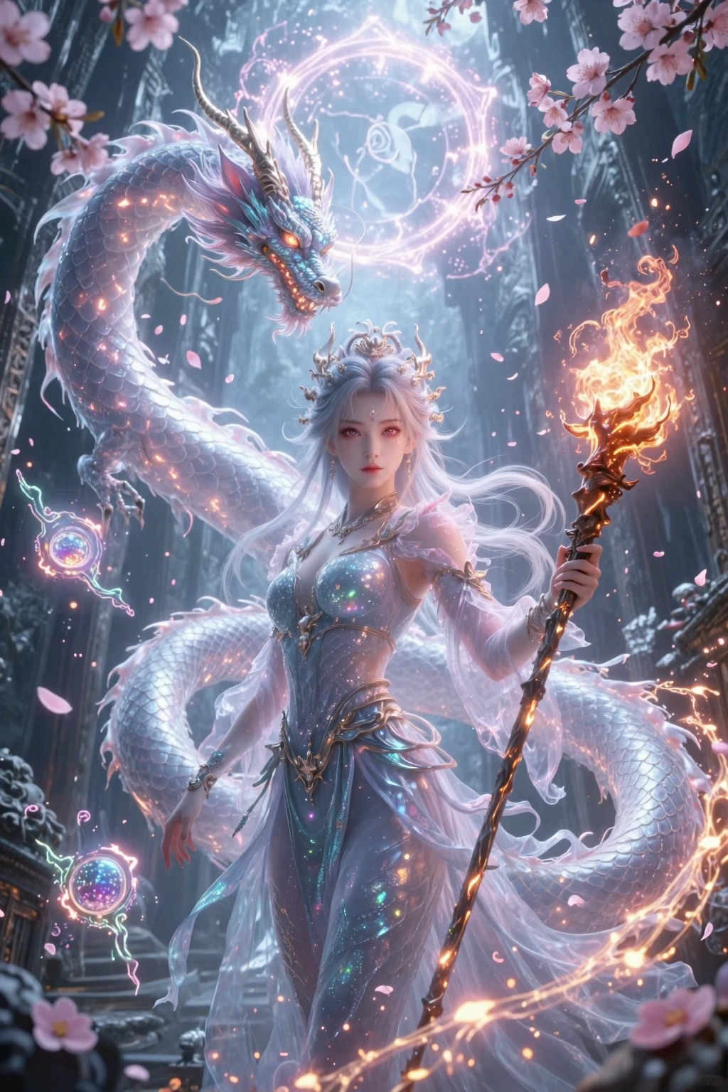 (very detailed CG unity 8k wallpaper), (masterpiece), (best quality: 1.2), (high resolution), (illustration: 1.1), (movie lights: 1.1), fine, intricate details, (best illustration), 8k resolution, intricate details, best quality, realistic, ultra detailed, best lighting, best shadows, ultra hd, cryengine, ultra hd, (detailed reflections), detailed shadows , (((intricate details))), smooth, ((perfect shading)), high-quality metallic texture, metallic luster, highly detailed illustration, (semi realistic:1.6), (wide_shot:1.2), ( from below, dutch_angle), dutch angle, ((cowboy shot)), (beautiful detailed eyes :1.1), beautiful detailed eyes: 1.1, (realistic body: 1.2), looking at the audience, (a girl holding a white Giant dragon, surrounded by white flowers.:1.6), (with disheveled hair), (holding left hand\[prepare a sword[light skin]], (blood dripping all over body:1.1), paintbrush, (glowing eyes\[ Rubik's cube in the eyes [color yellow]), long silver hair, hair between the eyes, sigma 135mm lens, amaryllis around, (((face to face: 1.6))), complex background, dynamic camera angle, blood rain behind , (war zone), (((high quality detailed ruins))), (depth of field), ((cinematic lighting)), ((horror)), ((dark fantasy)), lovecraftian, spot color, monotone, Red, blood splatter, (best illumination), (hyper intricate details), ((ultra-detailed)), 4k unity , (extremely detailed CG:1.2), (8k:1.1), ((landscape)), Artstation, ((by sui ishida, by Wenjun Lin, by stefan morrell)), dystopian art, apocalyptic art, ((semi-realism), (realism), (dynamic), (nixeu_basic2:0.5)