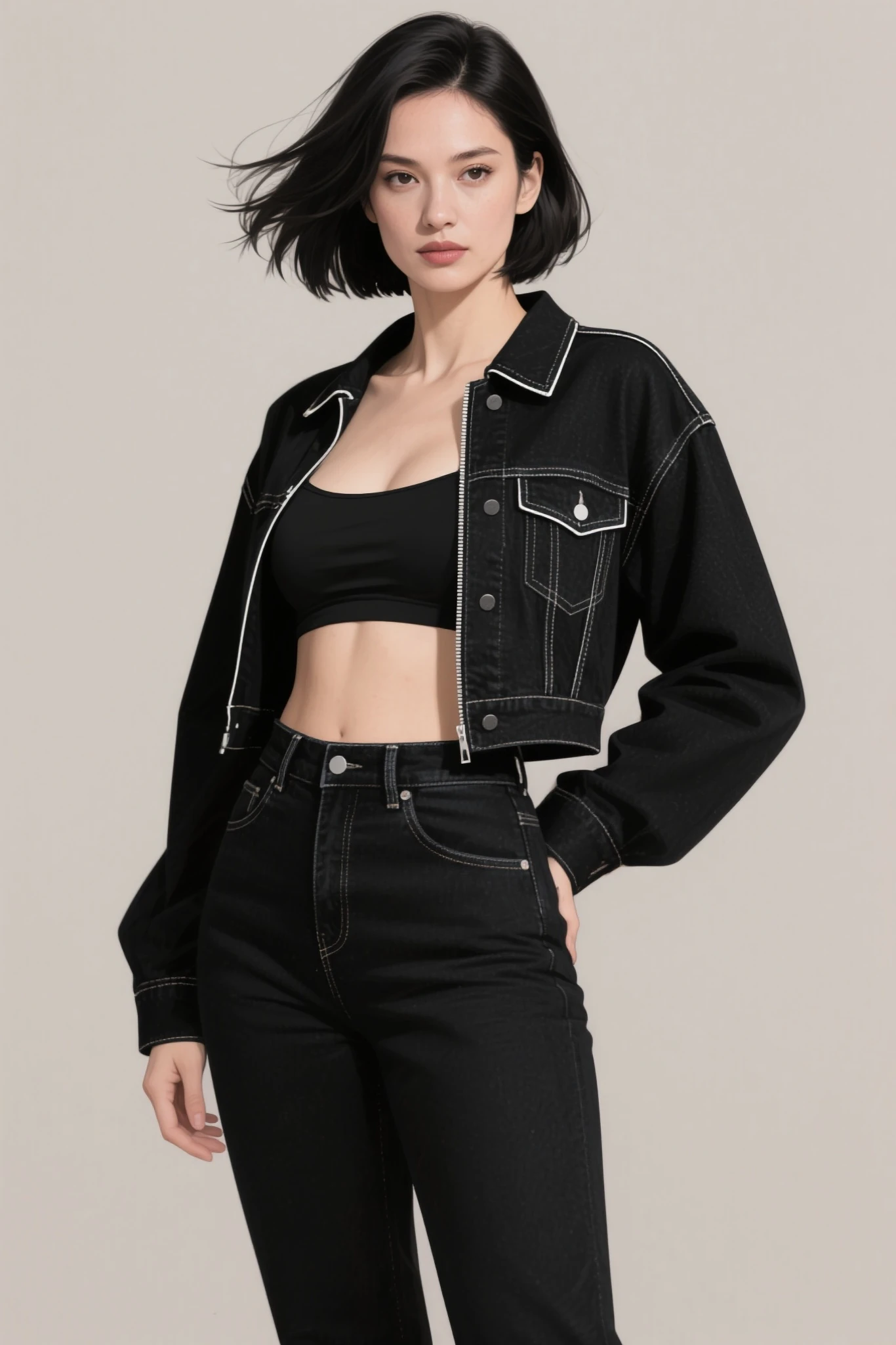 ((melhor qualidade)), ((obra de arte)), (detalhado), rosto perfeito mulher magra 17 anos com black jeans and a turtleneck sweater. The jacket was a thin black windbreaker, the background is a fashion studio