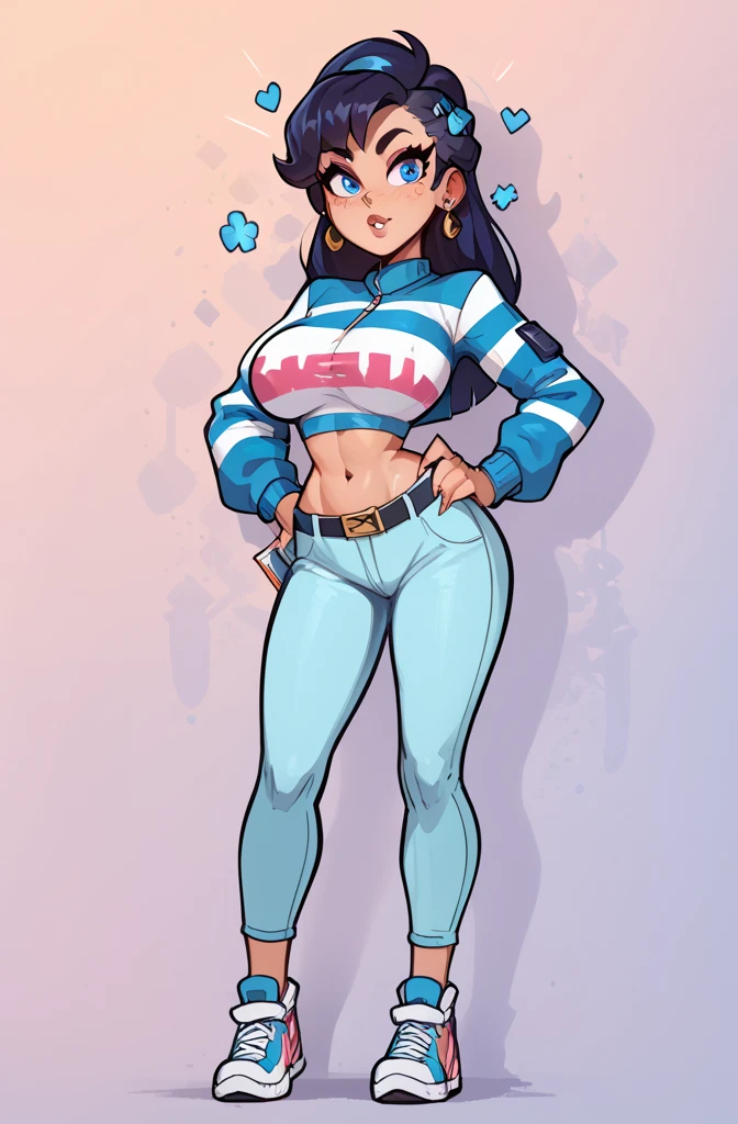 1girl,miko kubota from glitch techs, long hair, blunt bangs,((dark blue hair with pink highlights)), ((white crop top, blue yoga pants , boots,), ,, (( voluptuous, thick  hips, medium breasts,)),(, female focus),((wetting self,  stains, puddle)), ((standing, hands on cheeks, drooling, blushing, sweating, heart pupils )), public park background, night time, starry sky, under street lights, (((heavy rain, looking down, smile)))
