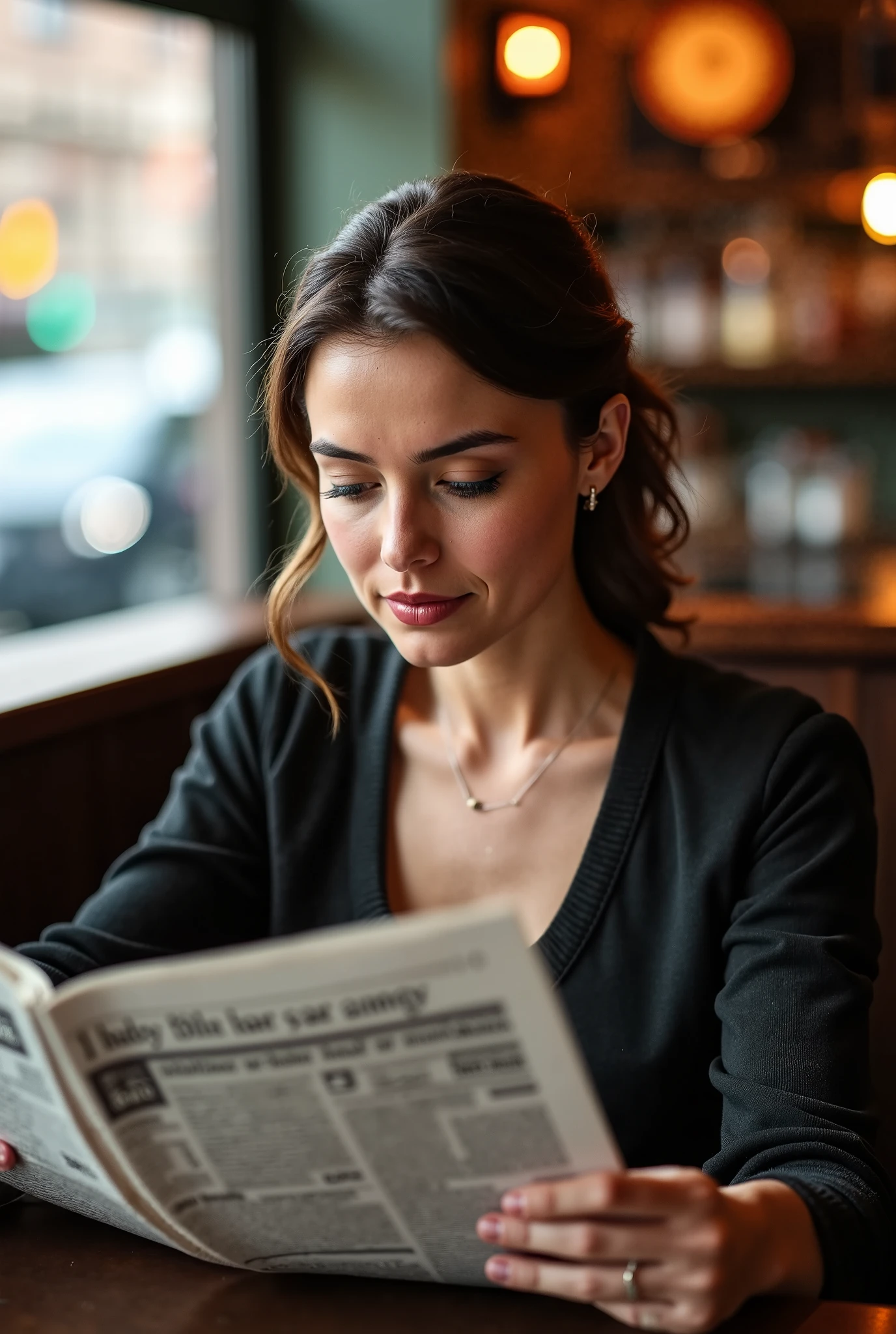 woman sitting at sidewalk cafe in paris, reading a newspaper