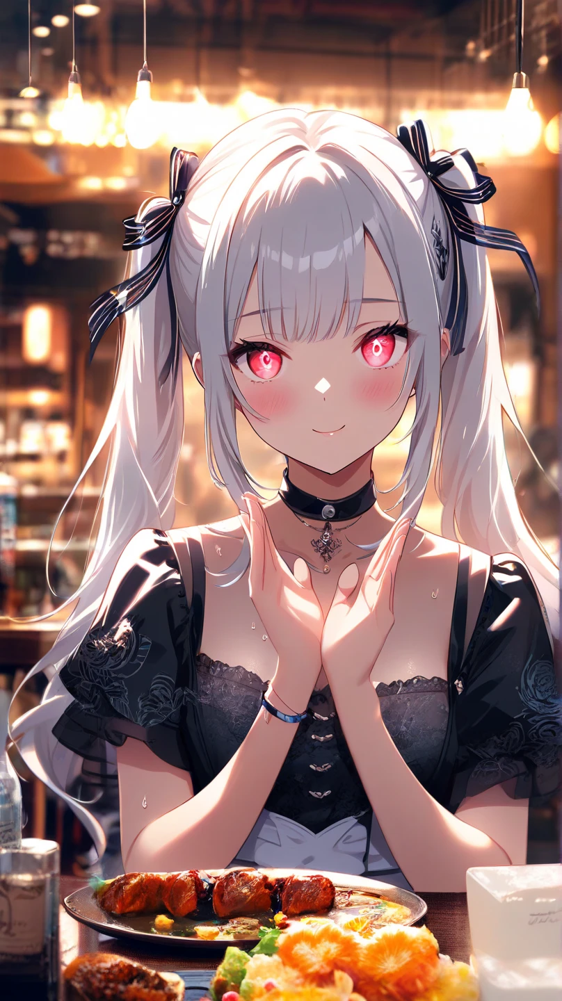 ((((Obra maestra, La mejor calidad, ultrahigh resolution)))), 1girl, standing,), ((long pure pink hair, hair over eye)), long hair cut, shiny skin, ((pink eyes)), glowing_eyes, neon eyes, (ultra detailed eyes:0.7, beautiful and detailed face, detailed eyes:0.9), ((centered)), smirk, facing viewer, ((vibrant background, dark lighting, summer, sunlight)), large chested, looking at viewer, ((half closed eyes)), ((perfect hands)), (((head:1, arms, hips in view, elbows, in view))), ((hands behind back)), empty eyes, beautiful lighting, ((outside, outdoors)), defined subject, head tilt, (((gritty)), ((creepy)), ((cool)), ((beautiful)), (((SFW))), horns, hair ornament, petals in the air, moon in the sky, city, mature woman, adult woman, sfw, pink and white dress, night dress, bunny ears, she is a princess