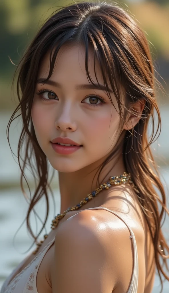 healthy, sexy, charming, tanned skin, gorgeous lady, curly long hair, dark blown hair, shaved hair, outside, in the ocean, on the beach, in the sky, happy, Top quality, sunset, best quality, ((Best Quality, 8K, Masterpiece: 1.3)), Sharp: 1.2, Perfect Body Beauty: 1.4, Slim Abs: 1.2, ((Layered Hairstyle, Big Breasts: Wet: 1.5, Highly detailed face and skin texture, detailed eyes, double eyelids, 