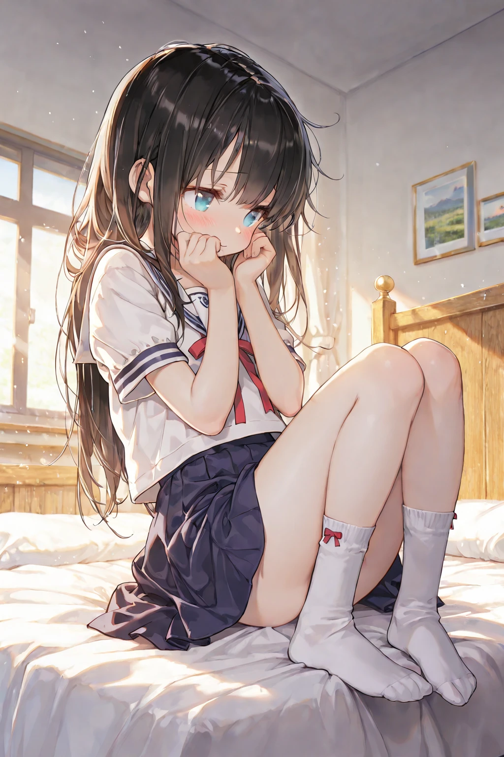 Top quality, masterpiece, High resolution, (Head to toe full body), front, frontやや下からの構図, Symmetric, Tall 18 year old girl, alone, (Head to toe), (Small breasts), Unkempt brown hair, bangs, (black tights), (Black Pantyhose), (Sit with your ), (Crouching pose), (Composition showing white ), (Her legs were spread、I see your white pants.), (I was made to sit on the floor with my legs spread..), (M-shaped legs), Thin legs, A very beautiful and tall 18 year old girl, (No shoes), blush, Shy big eyes, looking at the camera, Blazer Uniform, Checkered Pleated Skirt