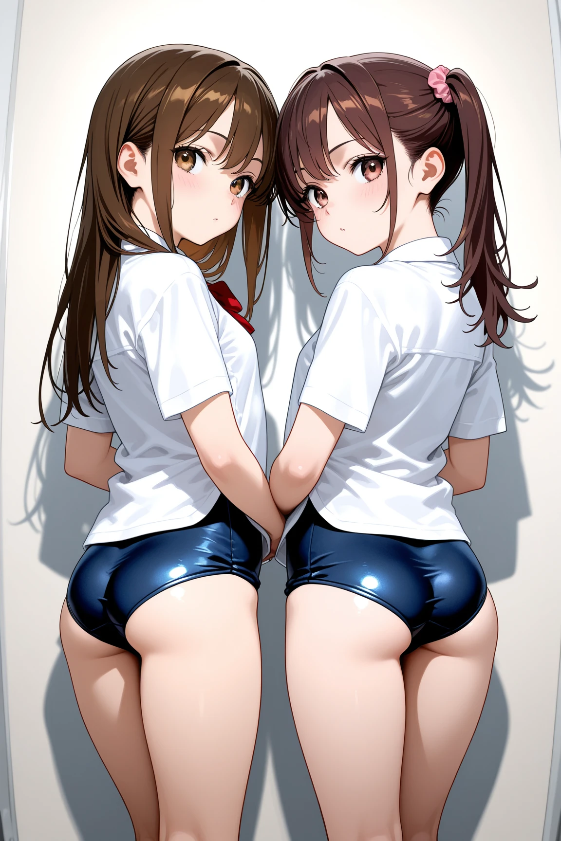 2girls, nishikigi chisato, inoue takina, lycoris recoil, couple, two women lined up, , symmetry, perfect , , crawling, (big ass, fullback buruma, navyblue buruma, gym uniform, white t-shirts:1.2), thighhighs, (huge breasts:1.3), looking at viewer, shy, blush, bed, masterpiece, best quality, very aesthetic, absurdres, official art, ,