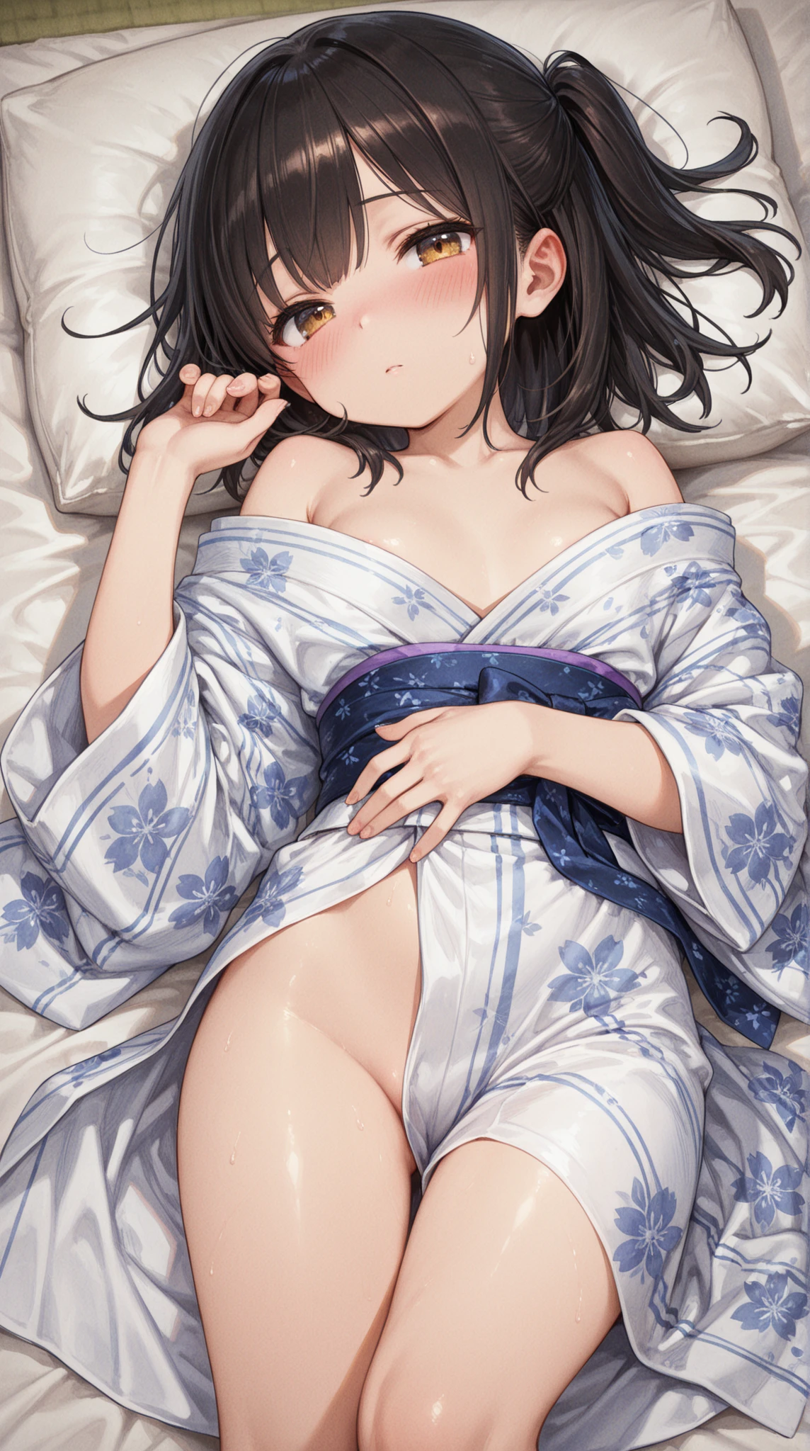 Cute beautiful girl、、?????、Small ????(blush:1.5)、Laugh shyly、Brown skin、Open yukata、Beautiful ???????