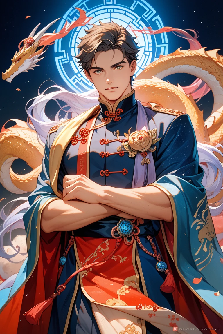 (absurdres, highres, ultra detailed, HDR) master piece, best quality, Ashura, black long hair, untamed hair, expressive red eyes, Onmyoji, red mark on the forehead, solo, sexy man, handsome, tanned skin, toned chest, red haori, with accessories, jewelry, lotus earrings, patterns, water, magical fantasy, red butterflies, glittering, sparkling, red lotus, petals, radiant