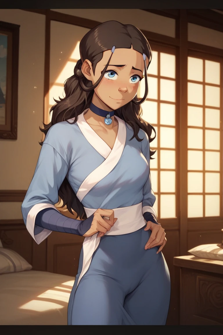 Katara, 1girl, fantasy, highres, looking_away, looking_to_the_side, original, realistic, scenery, Close-up, upper_body, smiling, action pose,on_bed,
