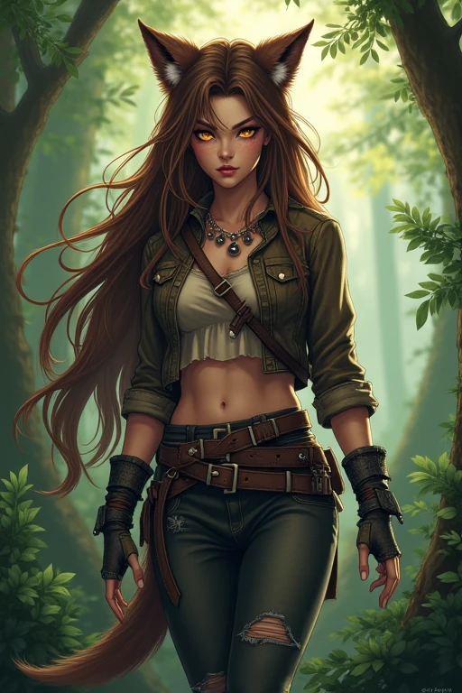 Deep within a dense jungle, where the air is thick with the scent of damp earth and the sounds of rustling leaves, a daring steampunk adventurer makes her way through the remnants of an ancient temple. She is dressed in rugged, form-fitting leather pants that allow for agility as she navigates the treacherous terrain. The leather is a rich mahogany color, scuffed and marked from her many expeditions. Her sun-kissed skin glistens with perspiration, a testament to the heat and humidity of the jungle. Her long, wavy brunette hair is tied back in a loose bun, with a few rebellious strands framing her determined face. She wears a lightweight, short-sleeved shirt made of breathable fabric, its muted green hue blending seamlessly with the foliage around her. Over this, she dons a long, tailored duster coat, its fabric a deep charcoal gray, adorned with brass buttons and pockets filled with various tools and gadgets essential for her explorations. Her sturdy, lace-up leather boots rise to mid-calf, designed for both comfort and durability, with reinforced soles that grip the uneven ground. A leather utility belt cinches her waist, holding an array of pouches filled with maps, a small journal, and other adventuring necessities. Around her neck, a vintage brass locket hangs, containing a cherished photograph that fuels her adventurous spirit. A well-worn satchel slung across her shoulder carries the artifacts she has discovered, each one a piece of history waiting to be . As she stands before the towering stone ruins, partially reclaimed by nature, her confident stance and keen gaze reveal a woman driven by curiosity and a thirst for discovery, ready to unlock the mysteries hidden within the jungle's depths.
