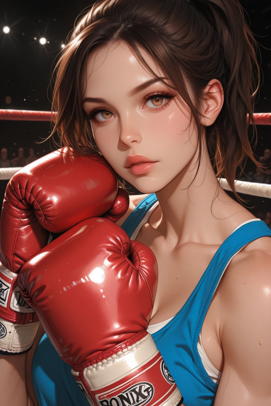 (Female wrestler:1.8)、a muscular build、6 Pack Abs、Dramatic Wrestling Outfits、On the wrestling ring stage under the spotlight、Detailed portrait、(Highest quality、4K、8K、High resolution、masterpiece:1.2)、Super detailed、(Real、Photorealistic、Photorealistic:1.37)、Dynamic action poses、Dynamic lighting、Cinematic composition、Highly detailed  features、Highly detailed eyes and face、Long eyelashes、Chiaroscuro Lighting、Dramatic Shadows、Striking color palette、Bright colors、