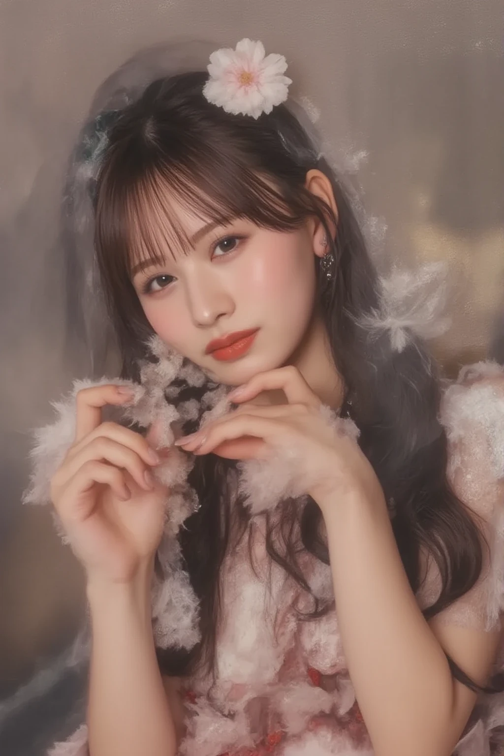 (masterpiece), ((of the highest quality)), (Super detailed), ((very delicine and beautiful)), (incredibly absurd))), (Perfect body))), 1 girl, big, white tintered dress,  shoulders, little smile, pindiintes, looking_in_viewer,calidad de imagin perfecta, Jinnie kim - Piel blanca, full lips, Doll lips, soft skin, ojos bigs. 