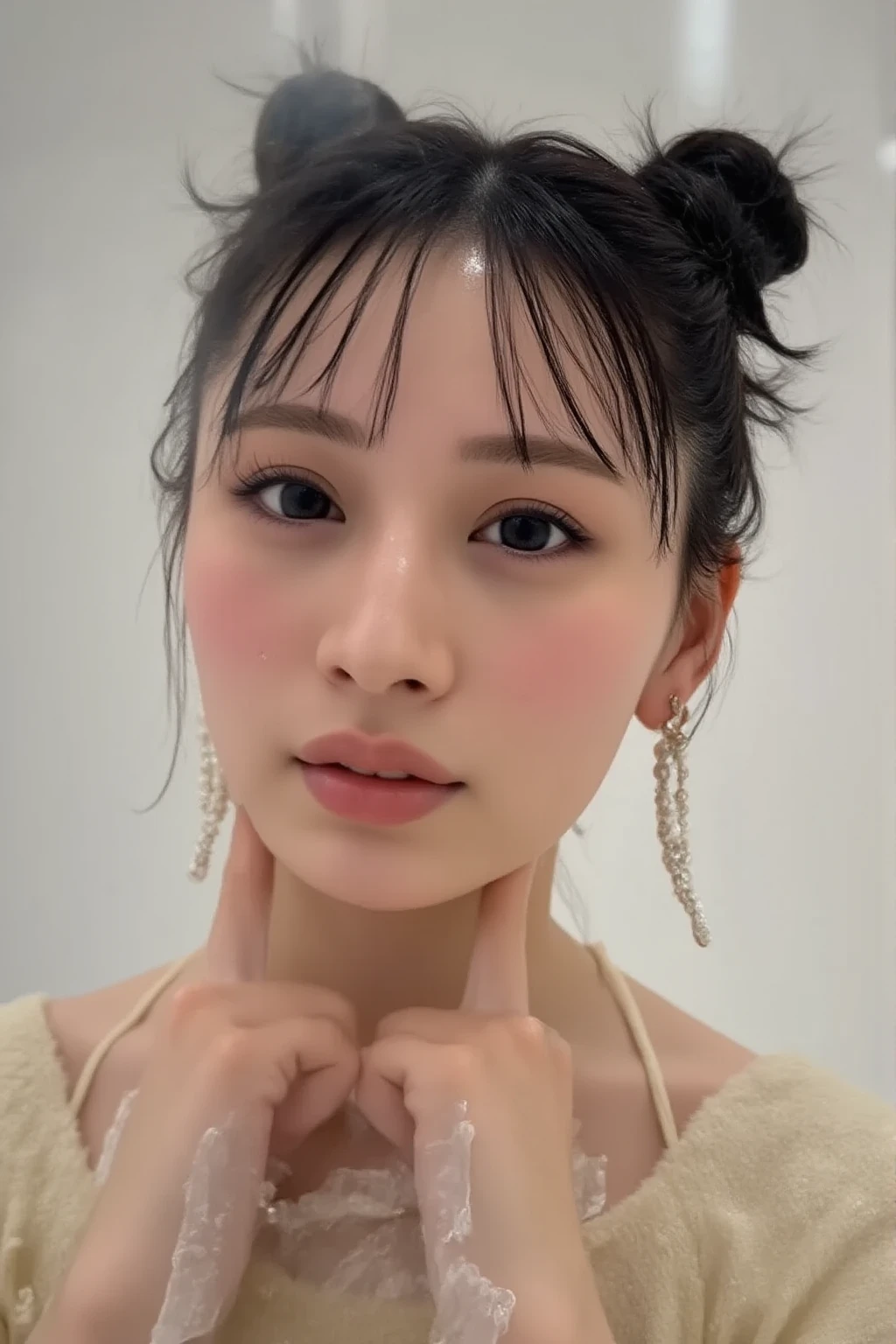 masterpiece, Highest quality, 8K, Official Art, Cinematic Light, Ultra-high resolution, Cowboy Shot、 Tie your hair back tightly、One Mature Woman, 45 Talent、Beautiful Face、Sexy mother, Earrings, View your audience, hoop Earrings, Brown Hair, Brown eyes, Brown background BREAK Purple 、, Red lips、Detailed face、Fine grain、Detailed gaze、